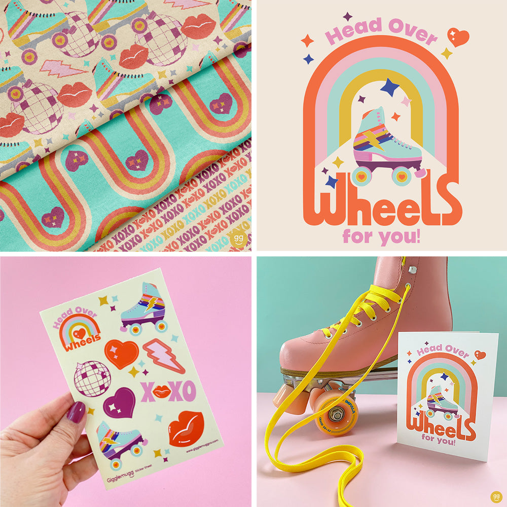 Head Over Wheels collection with 80s-inspired roller skate designs including patterns, lettering art, greeting cards, and stickers by Gigglemugg