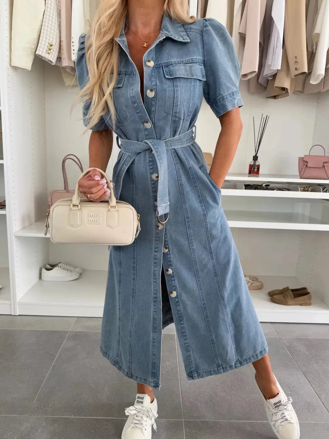 Puff Sleeve Button Down Belted Denim Midi Dress.
