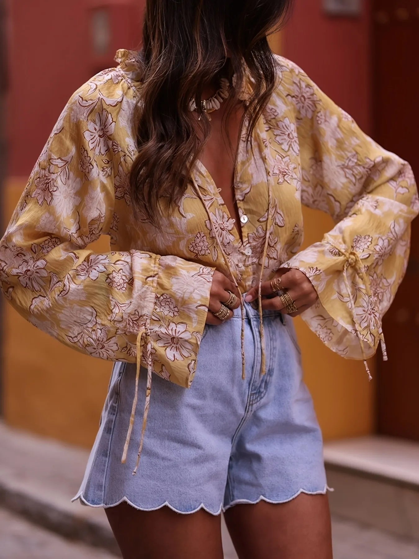 Printed Tie Neck Flounce Sleeve Blouse.