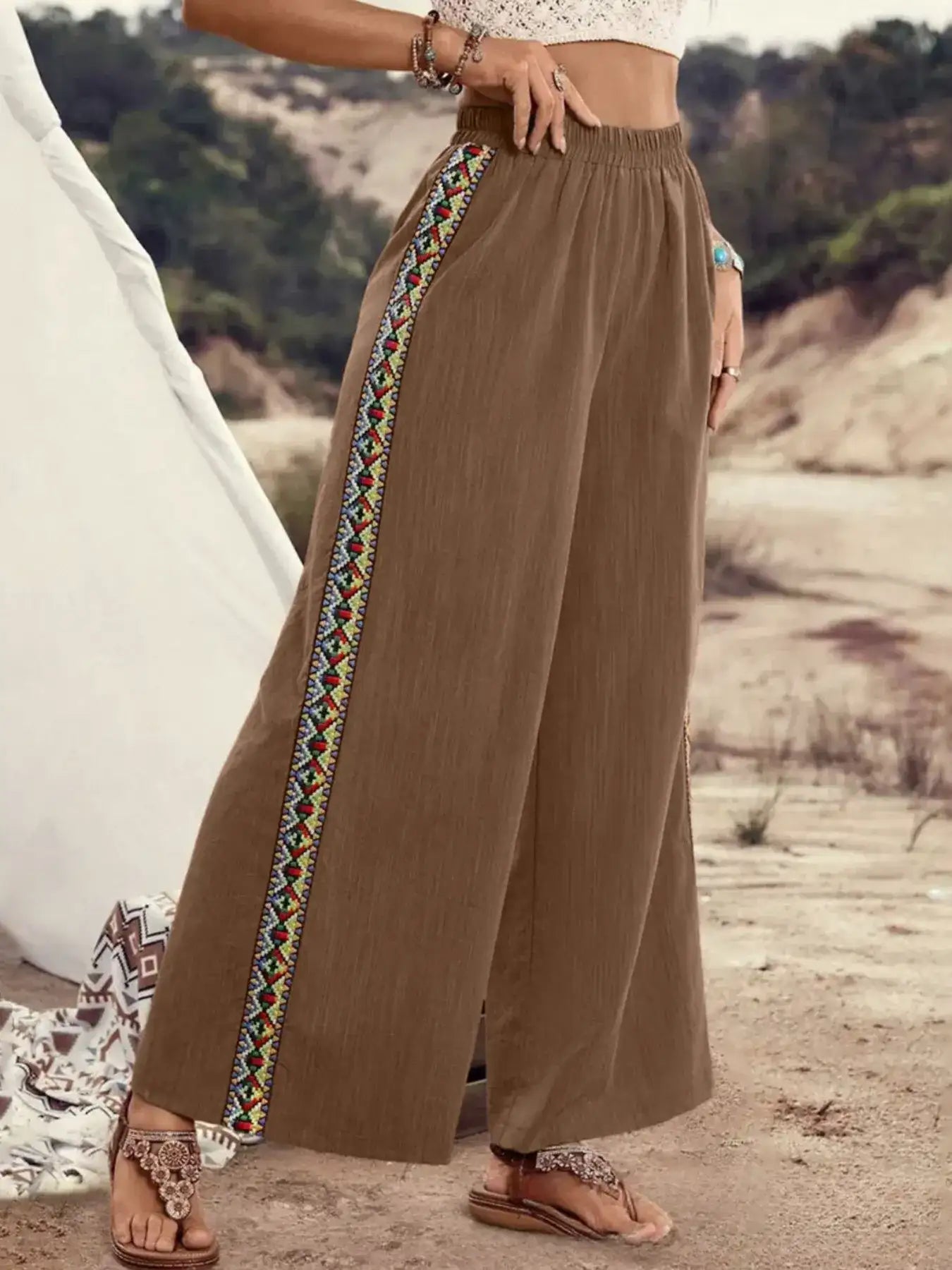 Bohemian Wide Leg Embroidered Side Stripe Pants.