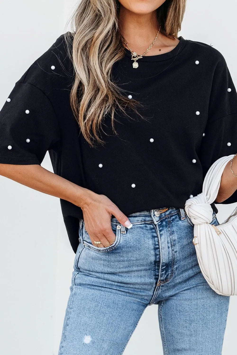 Pearl Beaded Round Neck Half Sleeve T Shirt.