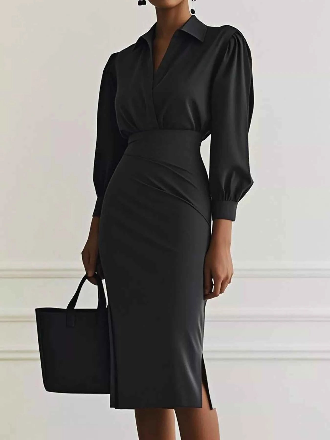 Ruched Midi Shirt Dress with Side Slit