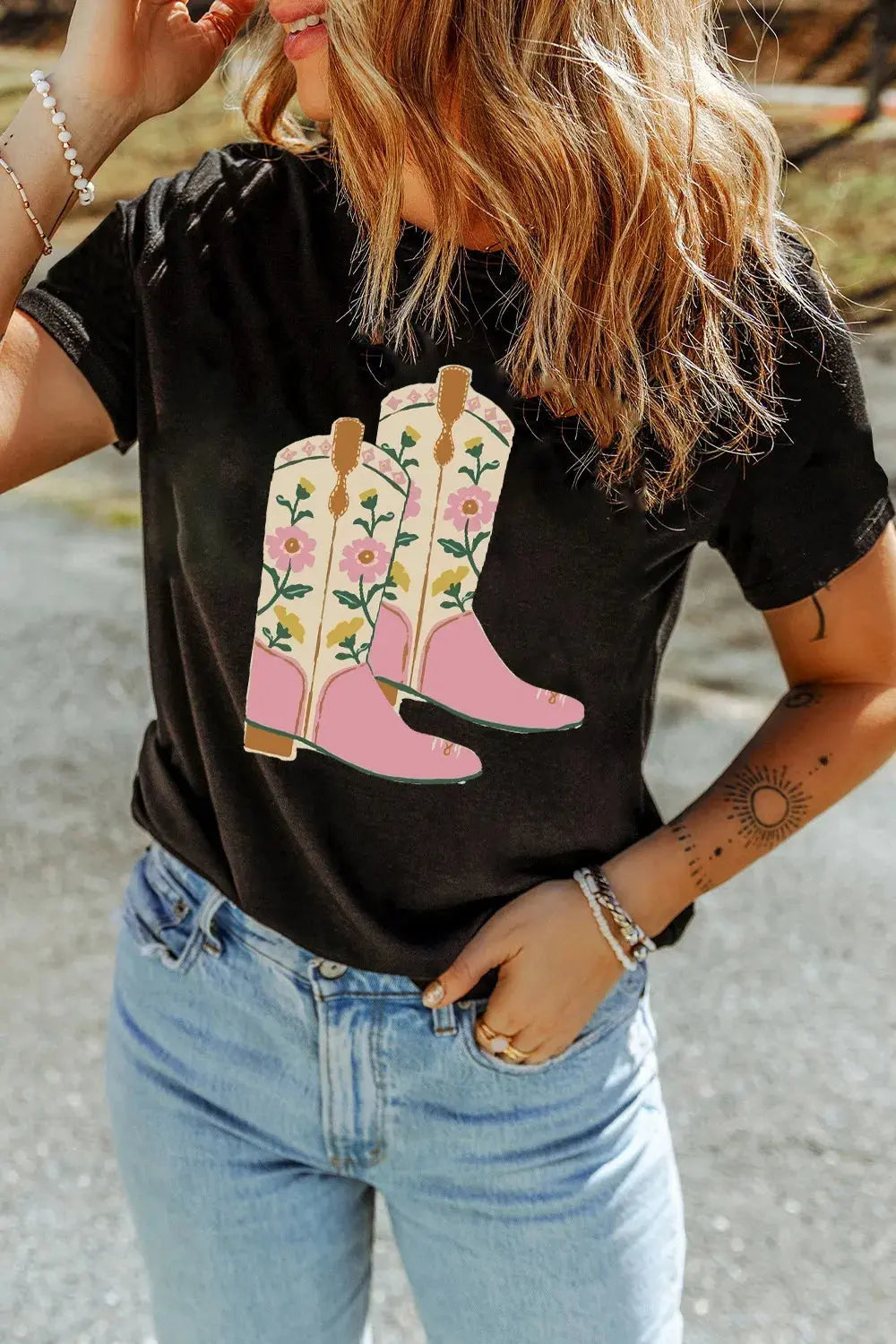 Floral Cowgirl Boots Graphic T-Shirt.
