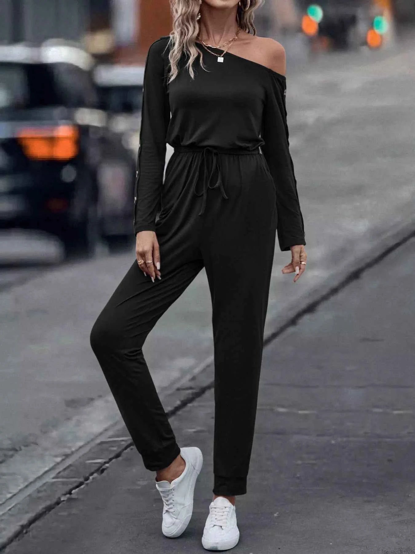 One Shoulder Long Sleeve Jumpsuit.