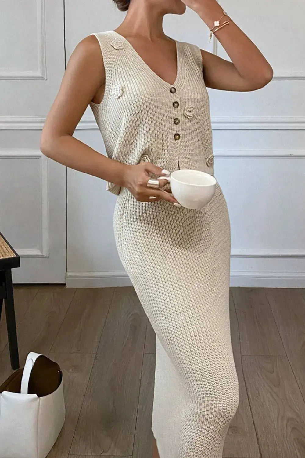 V-Neck Vest and Skirt Sweater Set.