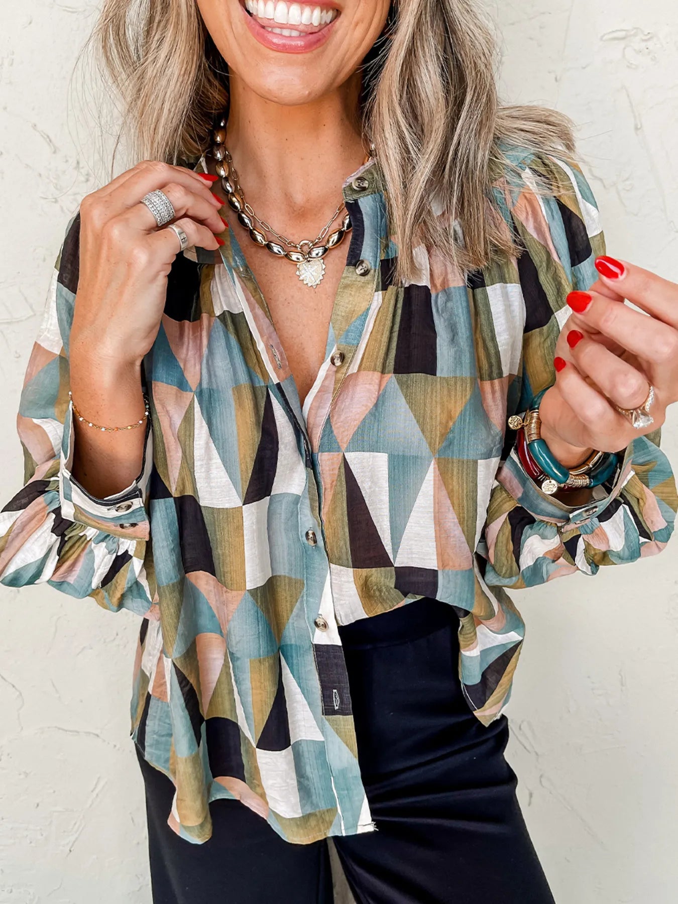 Geometric Print Buttoned Balloon Sleeve Loose Fit Shirt.
