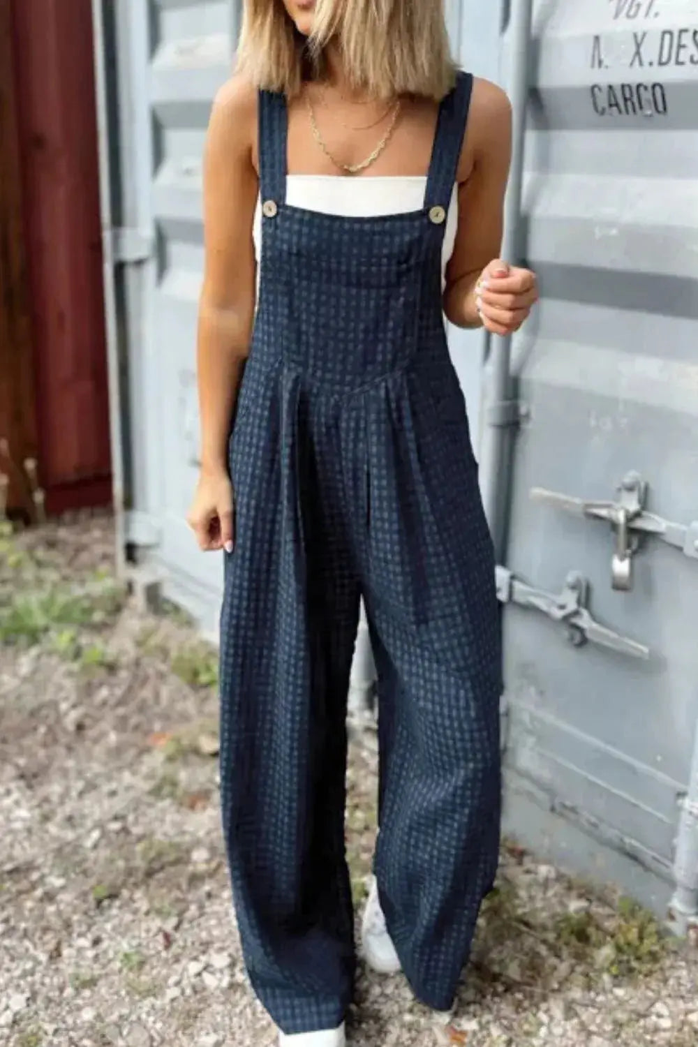 Plaid Wide Strap Wide Leg Overalls.
