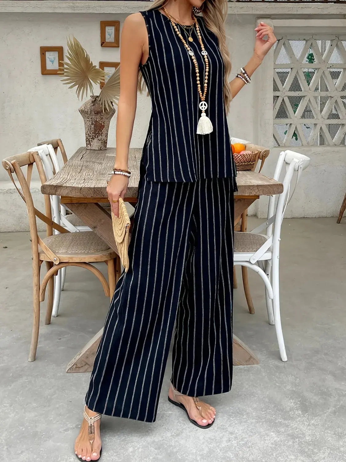 Striped Sleeveless Top and Pants Two-Piece Set.