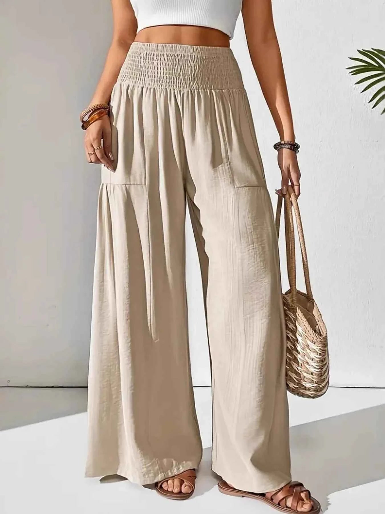 Smocked Waist Wide Leg Pants.