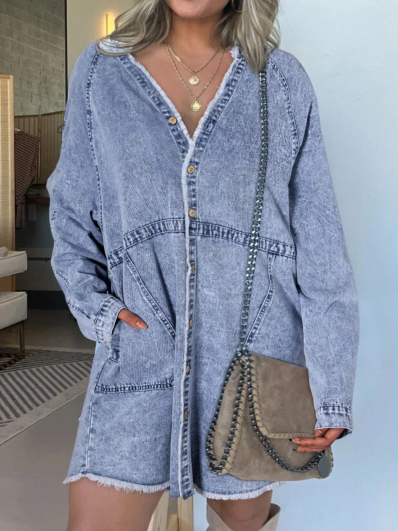 Full Size Button-Front Long Sleeve Denim Shirt Dress Plus Size.
