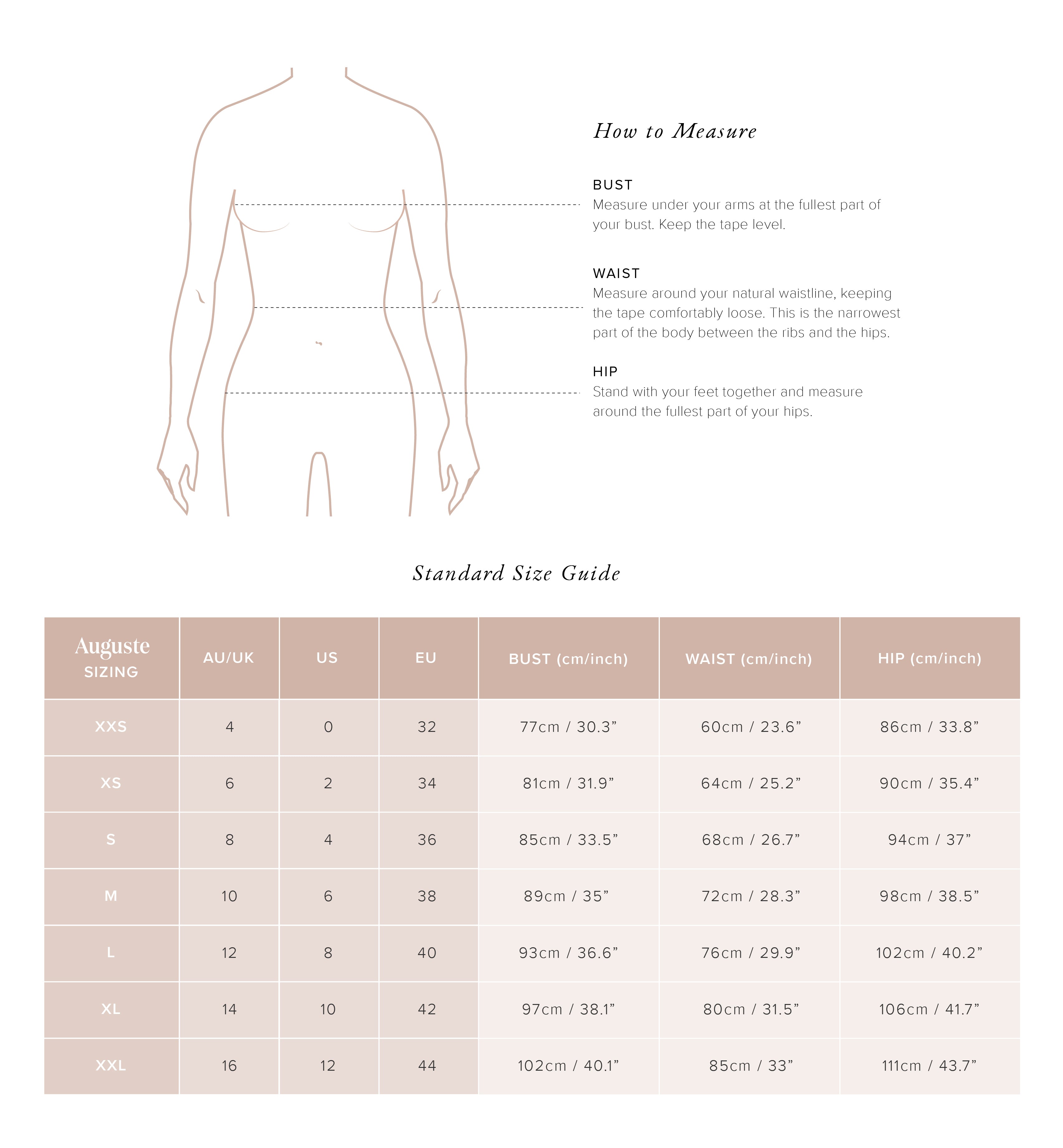 Auguste Size Guide - Standard