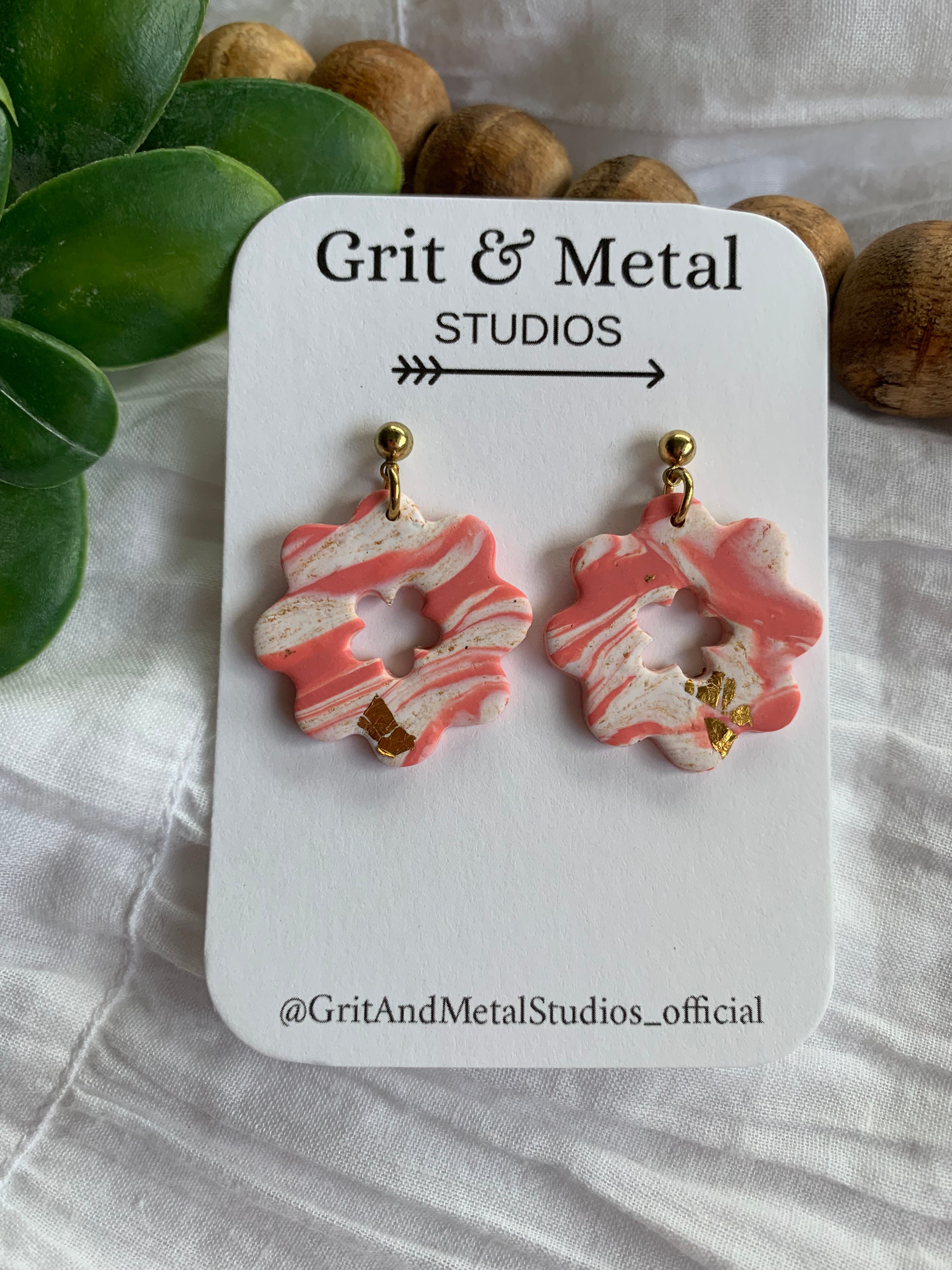 Pink, white and gold boho flower earrings