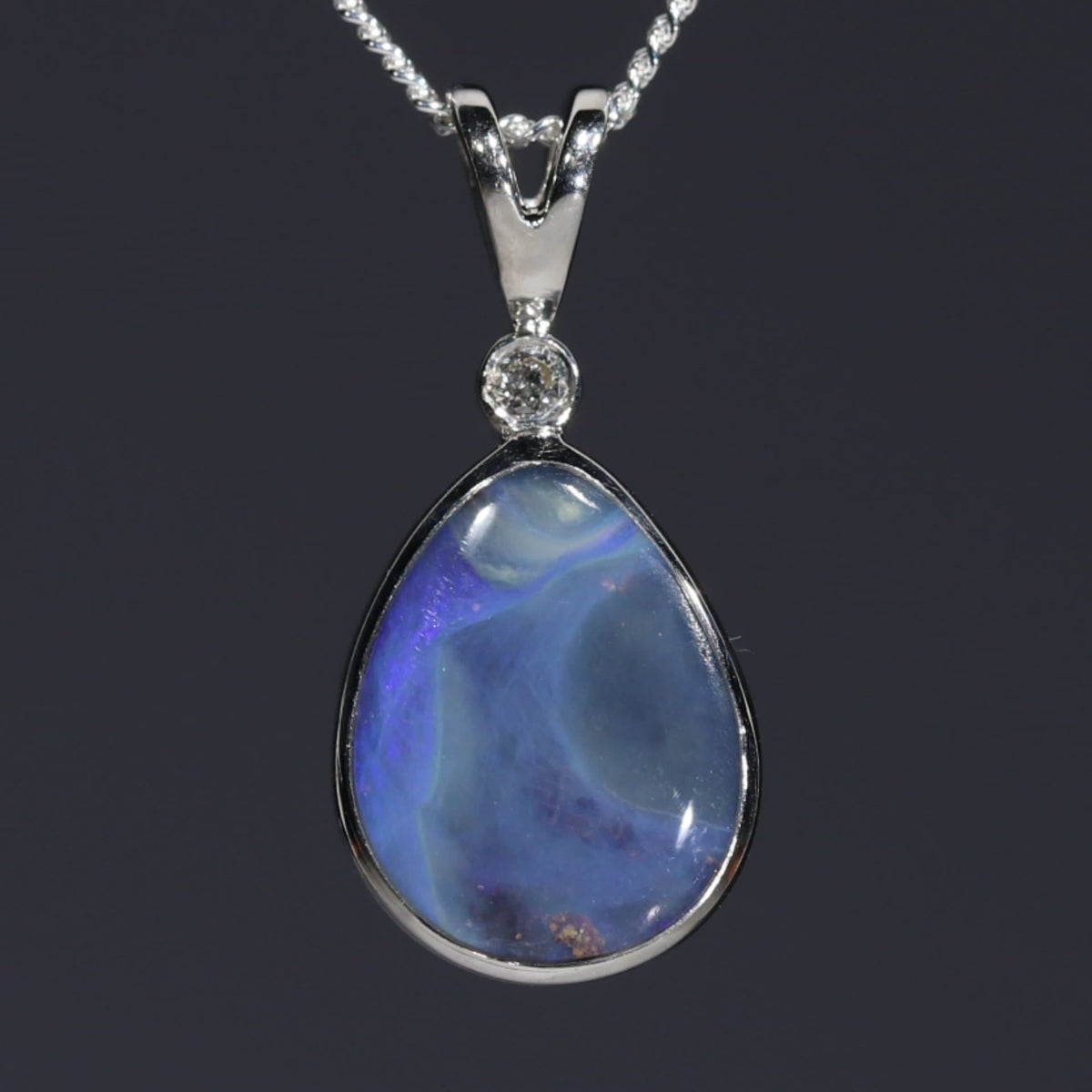 Natural Australian Boulder Opal and Diamond Silver Pendant with Silver