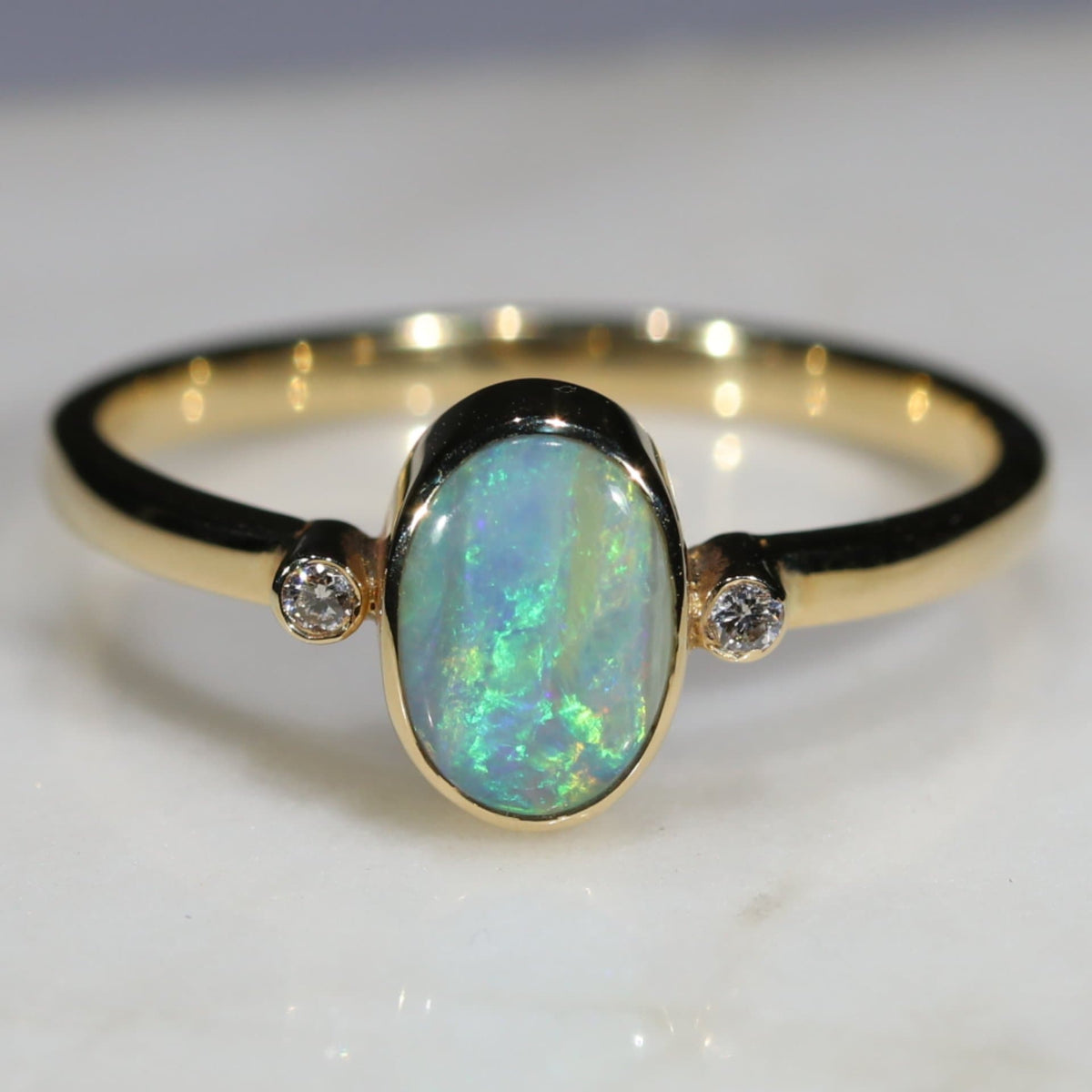 Natural Australian Boulder Opal and Diamond 18k Gold Ring - Size 7.5