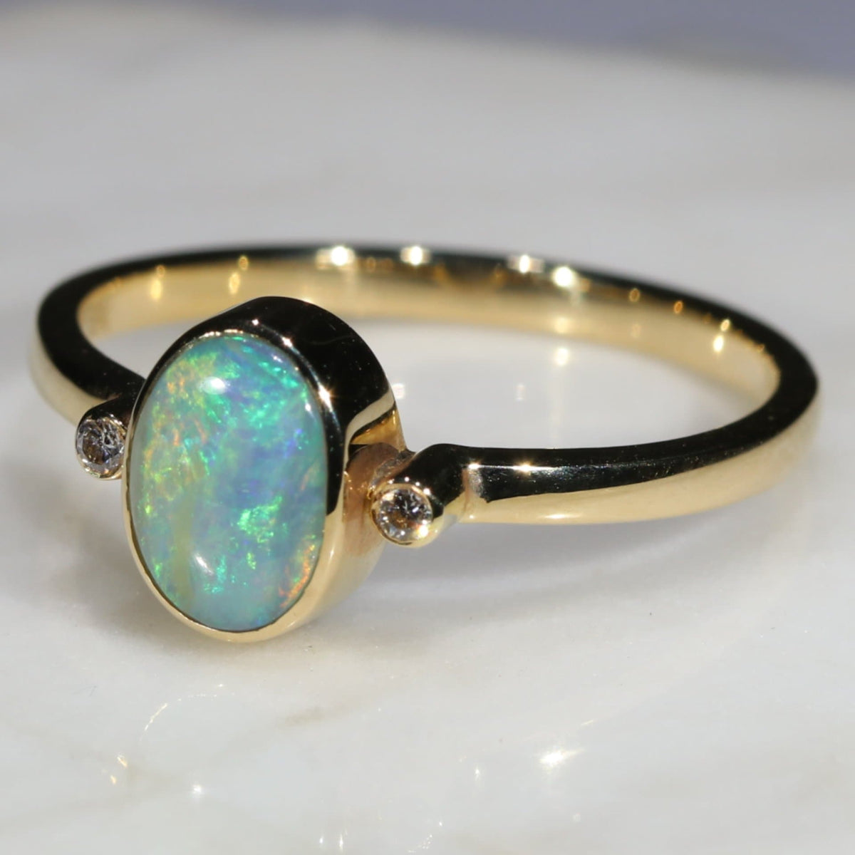 Natural Australian Boulder Opal and Diamond 18k Gold Ring - Size 7.5
