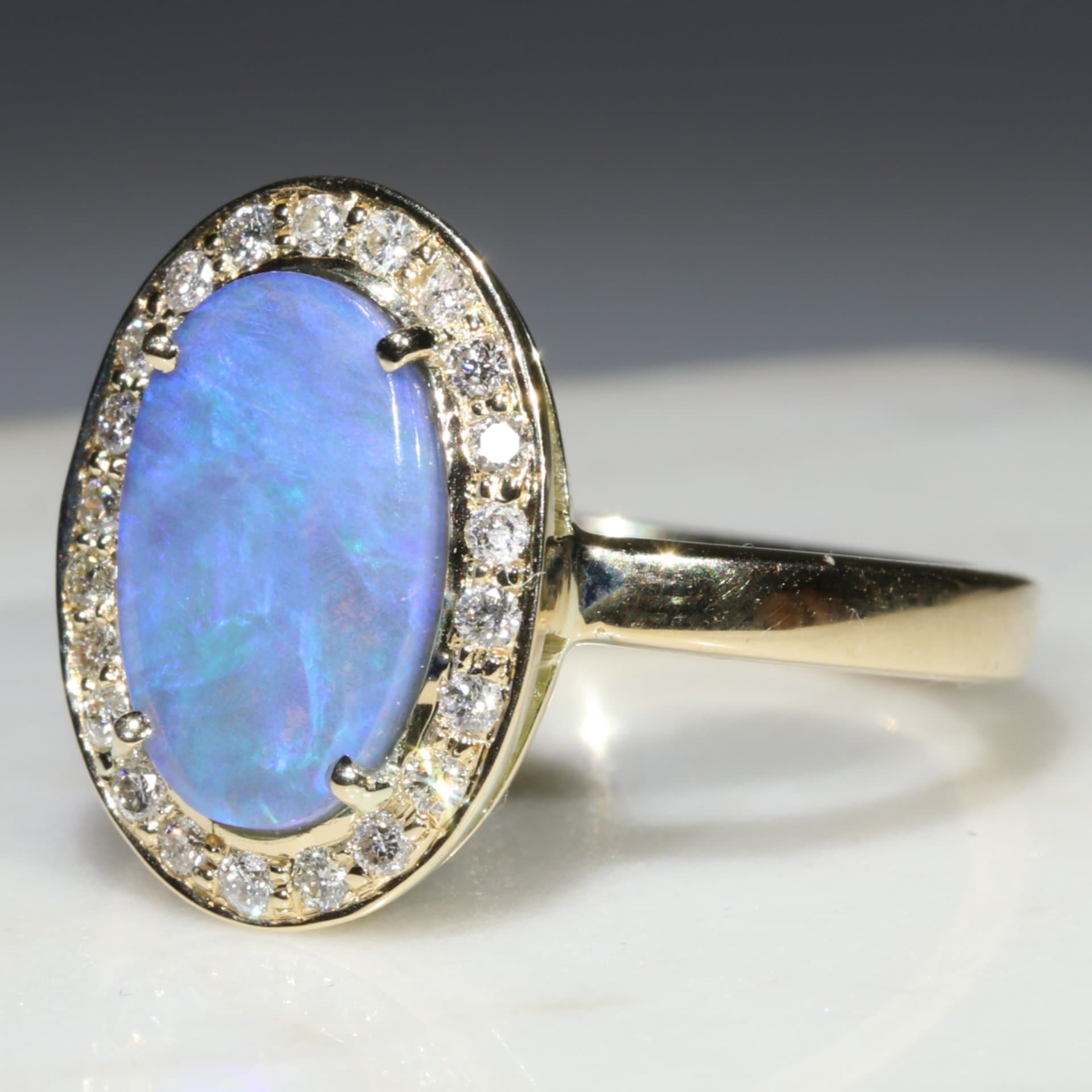 Natural Australian Boulder Blue Opal and Diamond Gold Ring