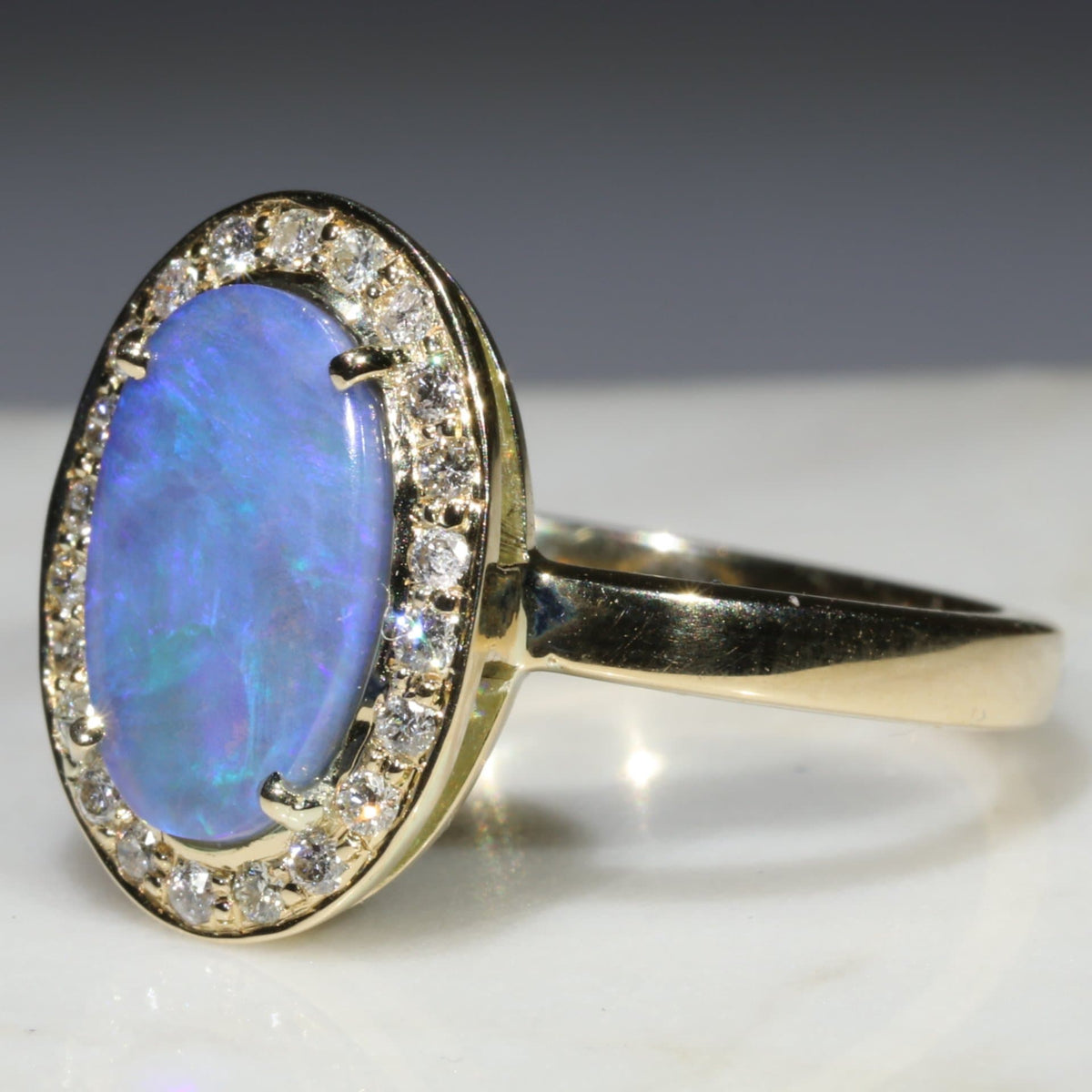 Natural Australian Boulder Blue Opal and Diamond Gold Ring