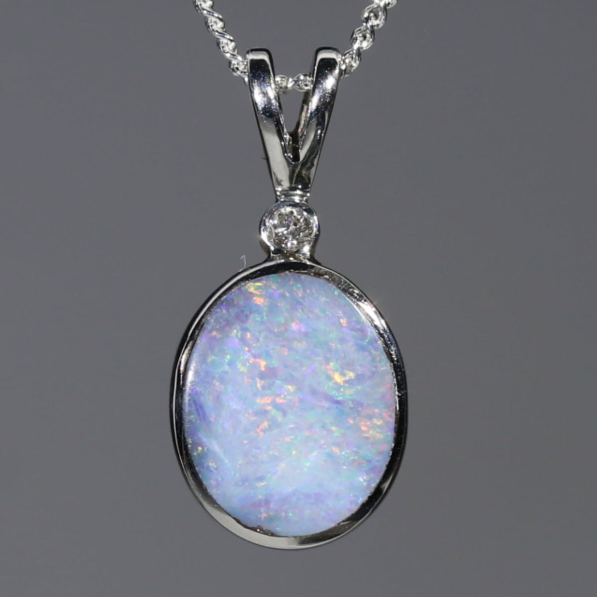 Natural Australian White Boulder Opal and Diamond Silver Pendant with