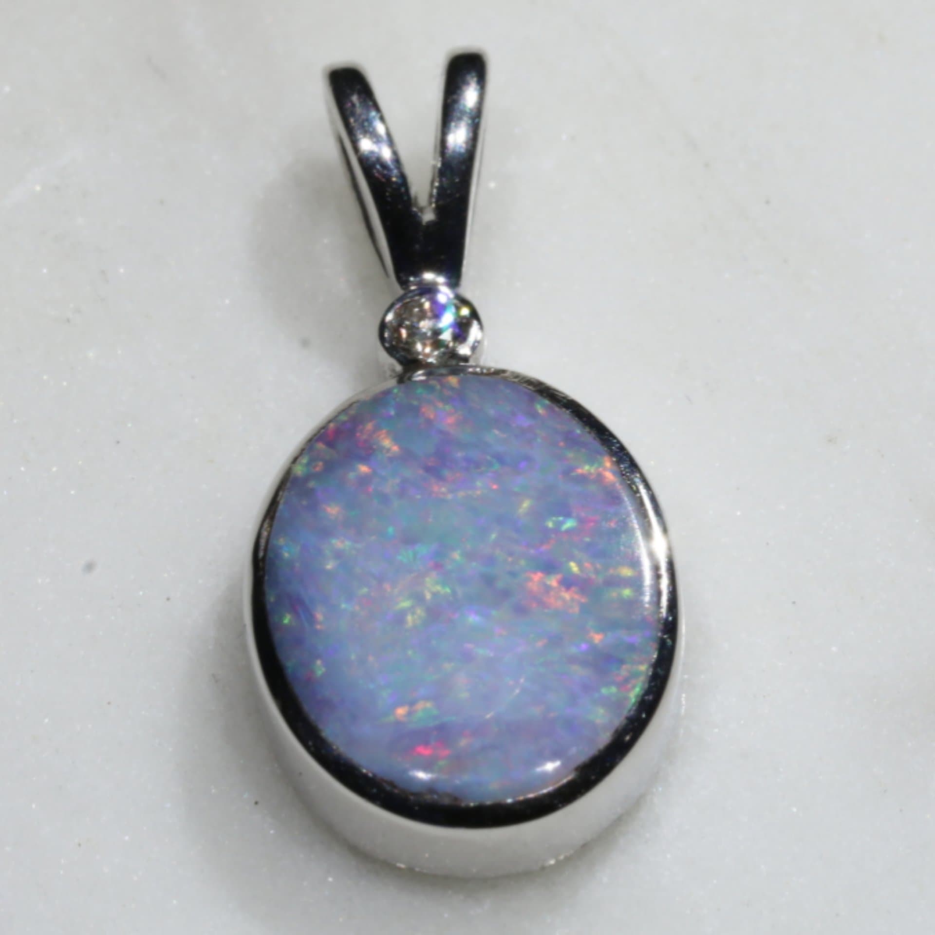Natural Australian White Boulder Opal and Diamond Silver Pendant with