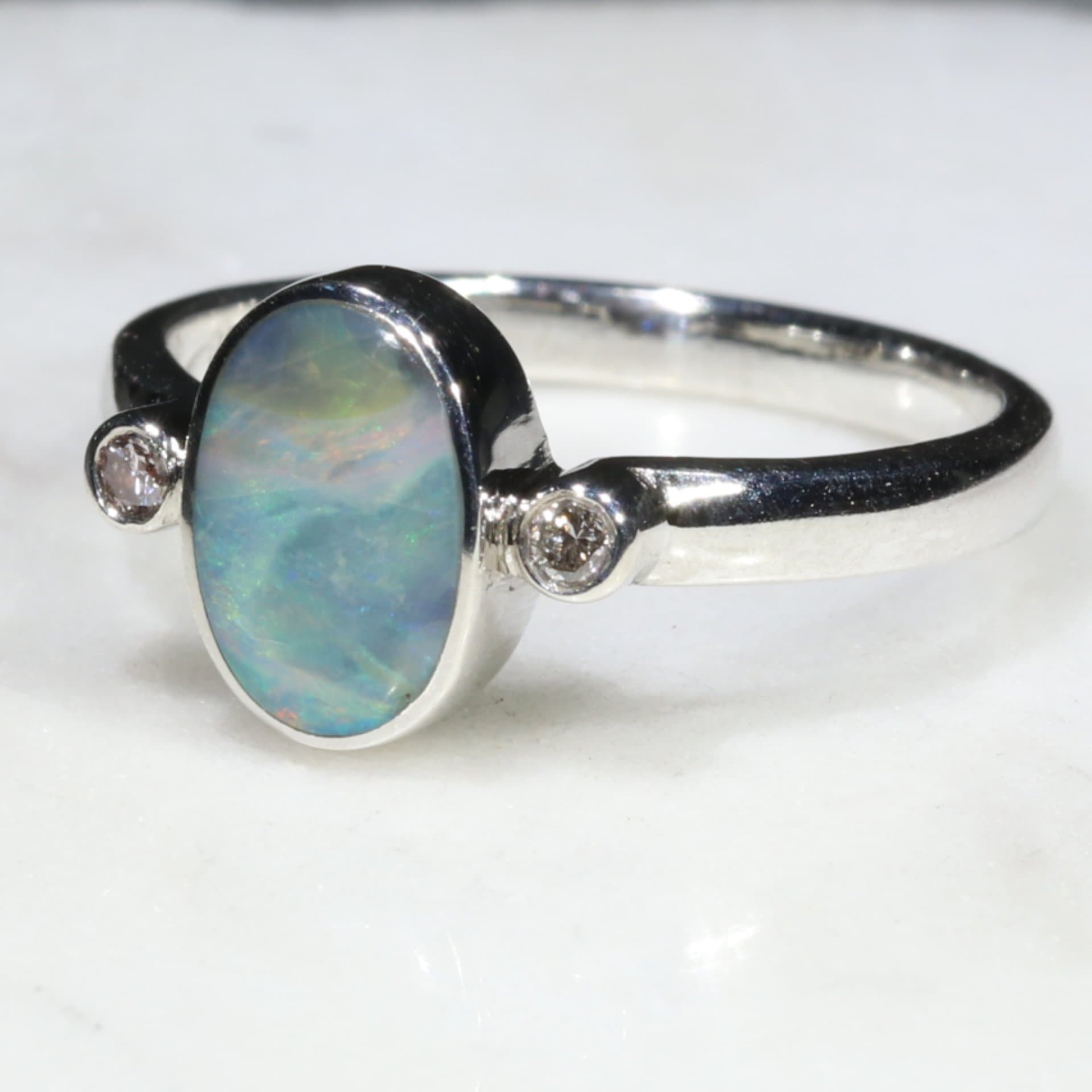 Australian Solid Boulder Opal and Diamond Silver Ring - Size 6.25 Code