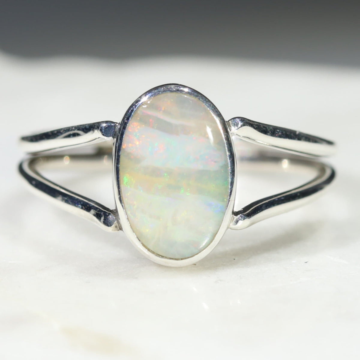 Australian Solid Boulder Opal Silver Ring - Size 7