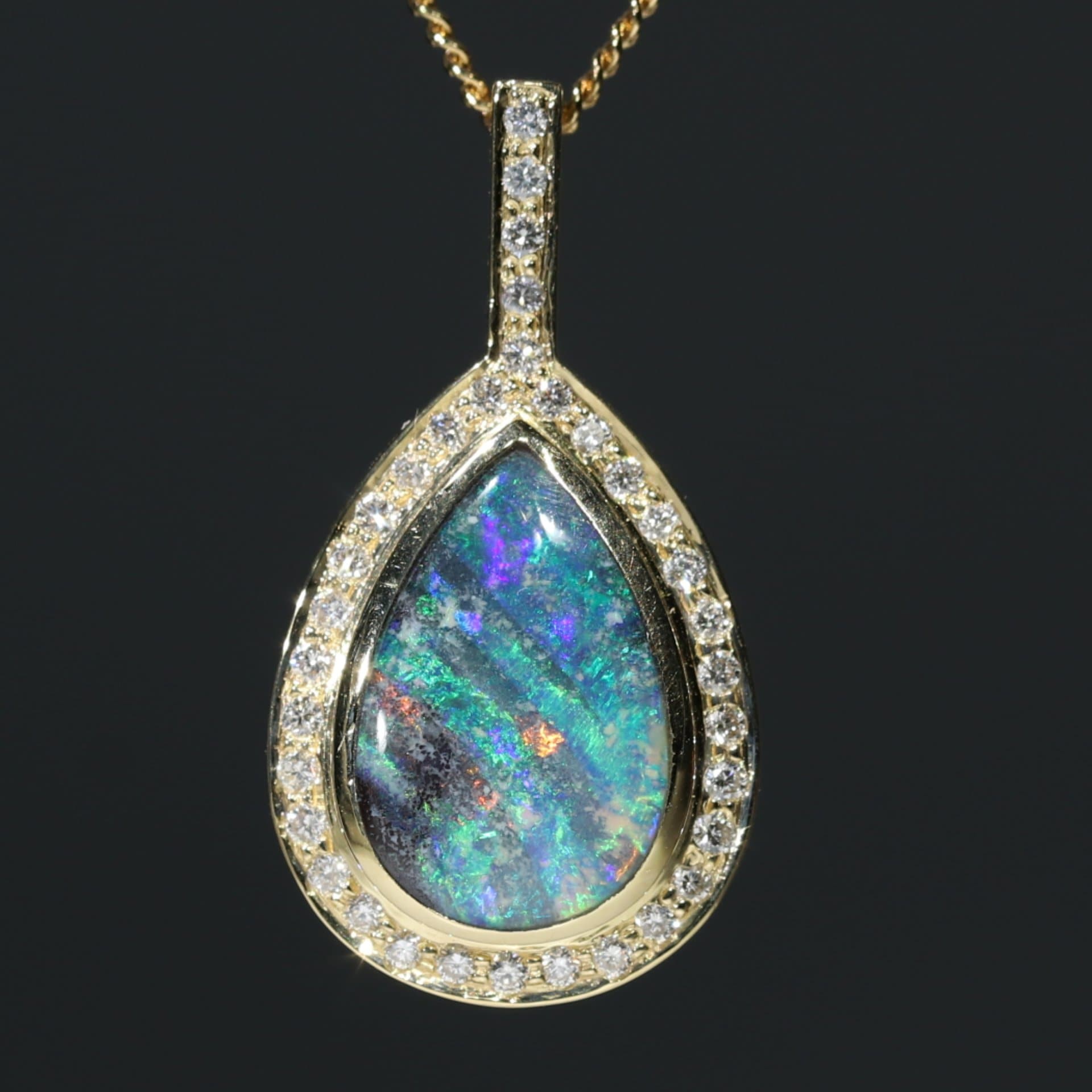 Australian Boulder Pear Shape Opal Pendant and Diamond 18k Gold