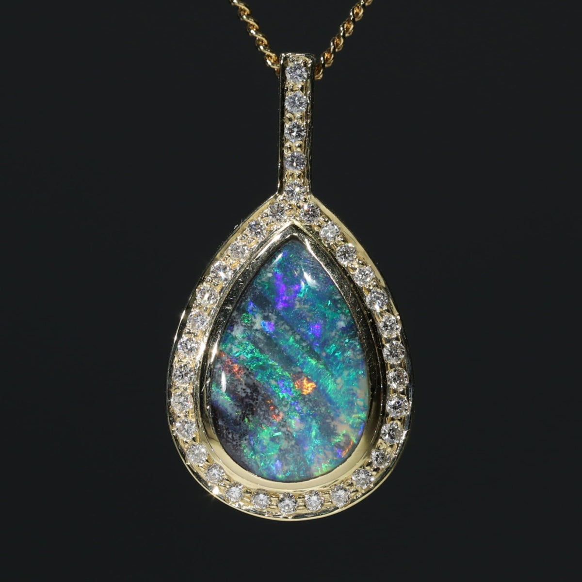 Australian Boulder Pear Shape Opal Pendant and Diamond 18k Gold