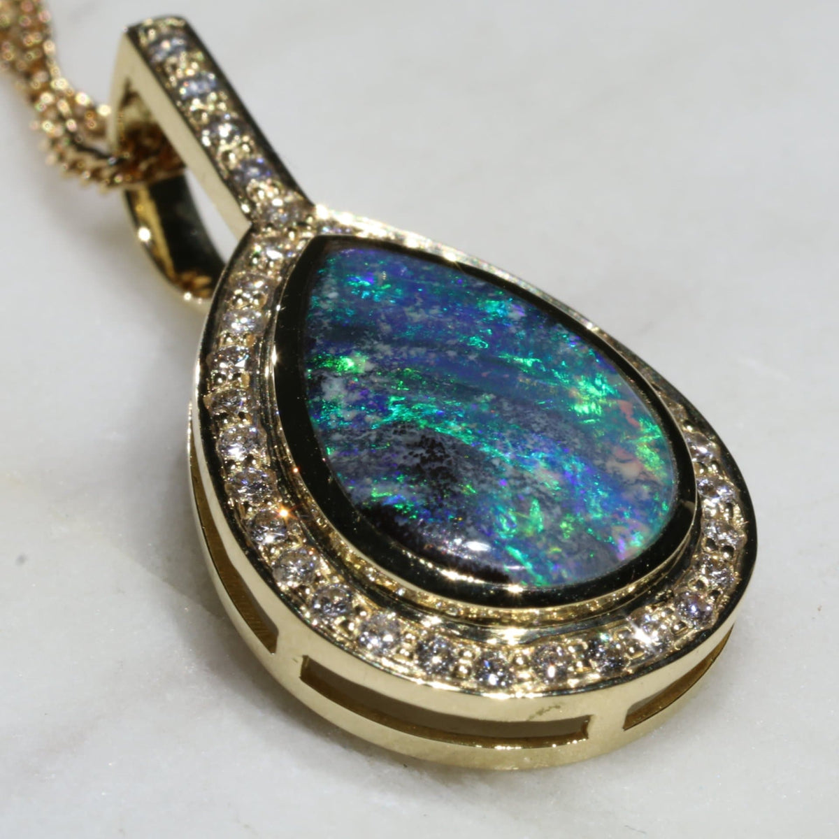 Australian Boulder Pear Shape Opal Pendant and Diamond 18k Gold