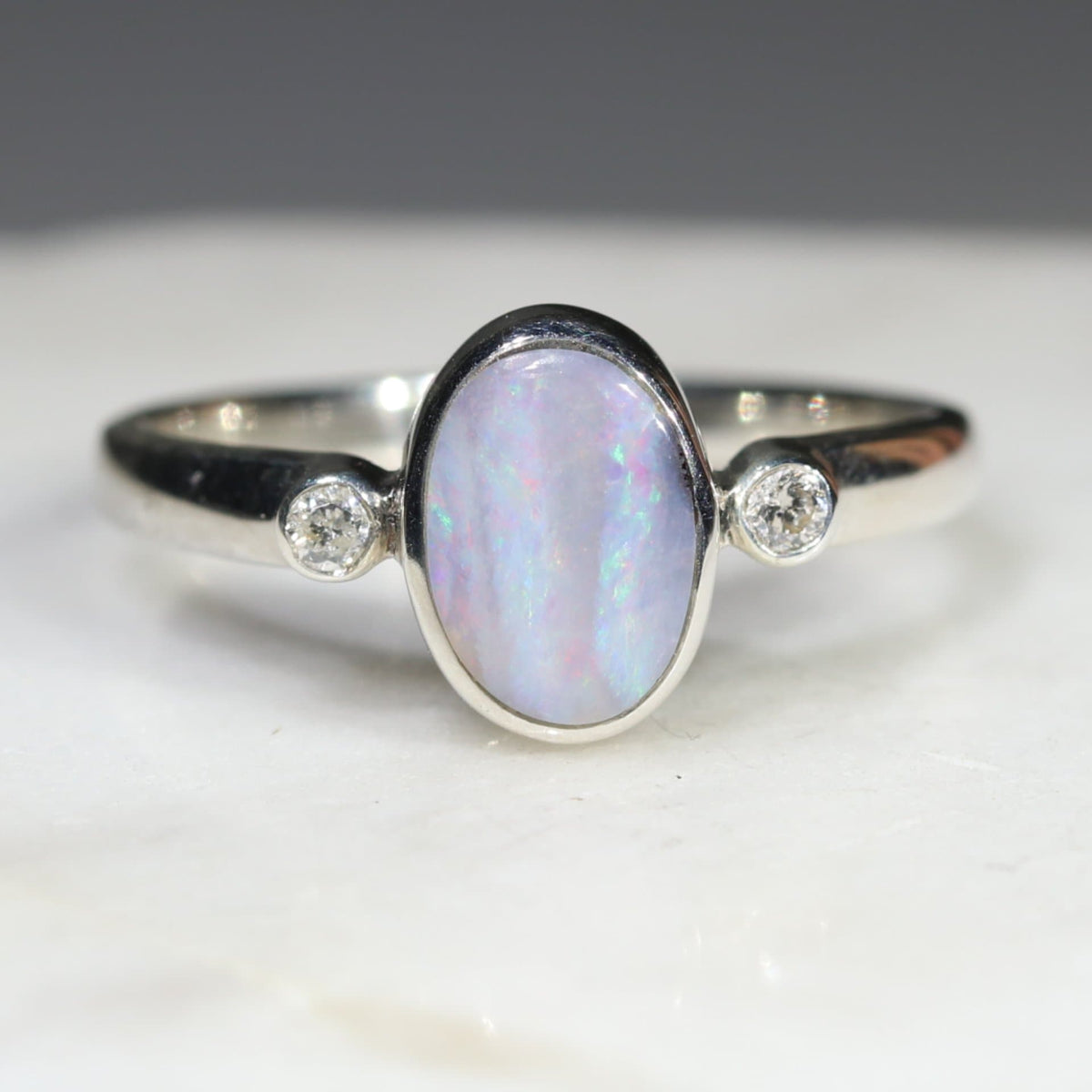 Boulder Opal Silver Ring and Diamonds - Size 6.5