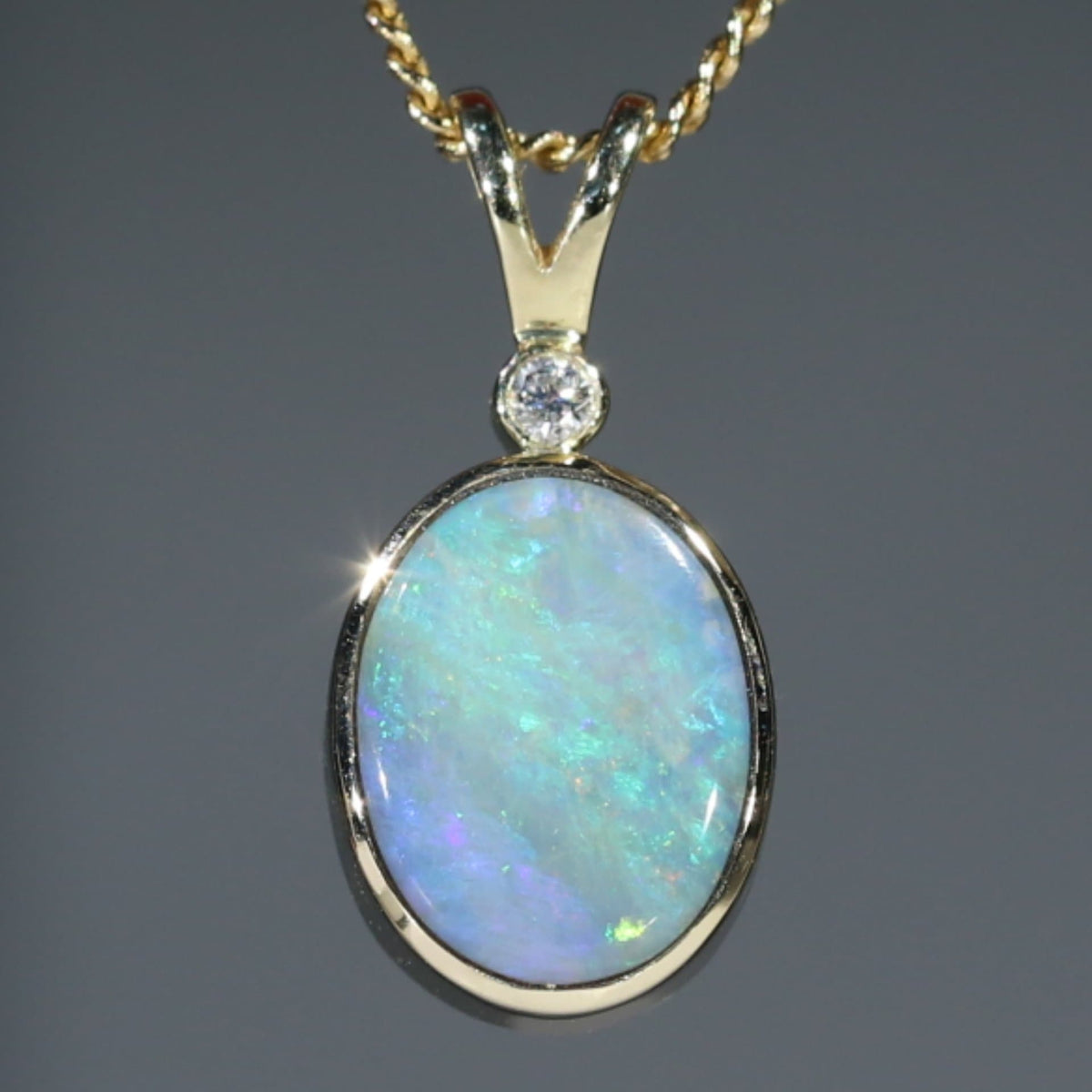 Natural Australian Birthstone Opal Pendant and Diamond 10k Gold