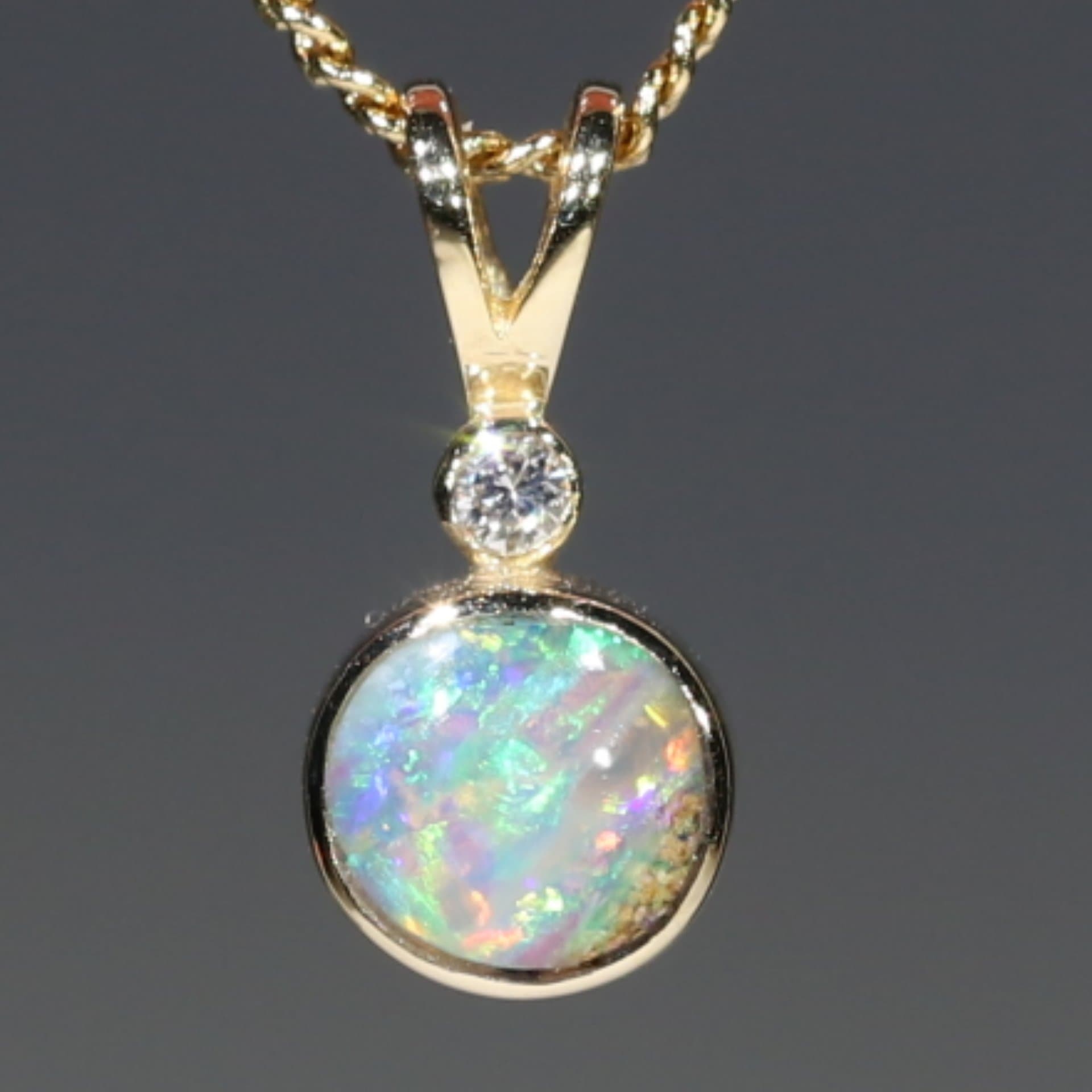 Natural Australian Boulder Opal Gold Pendant and Diamond 18k Gold