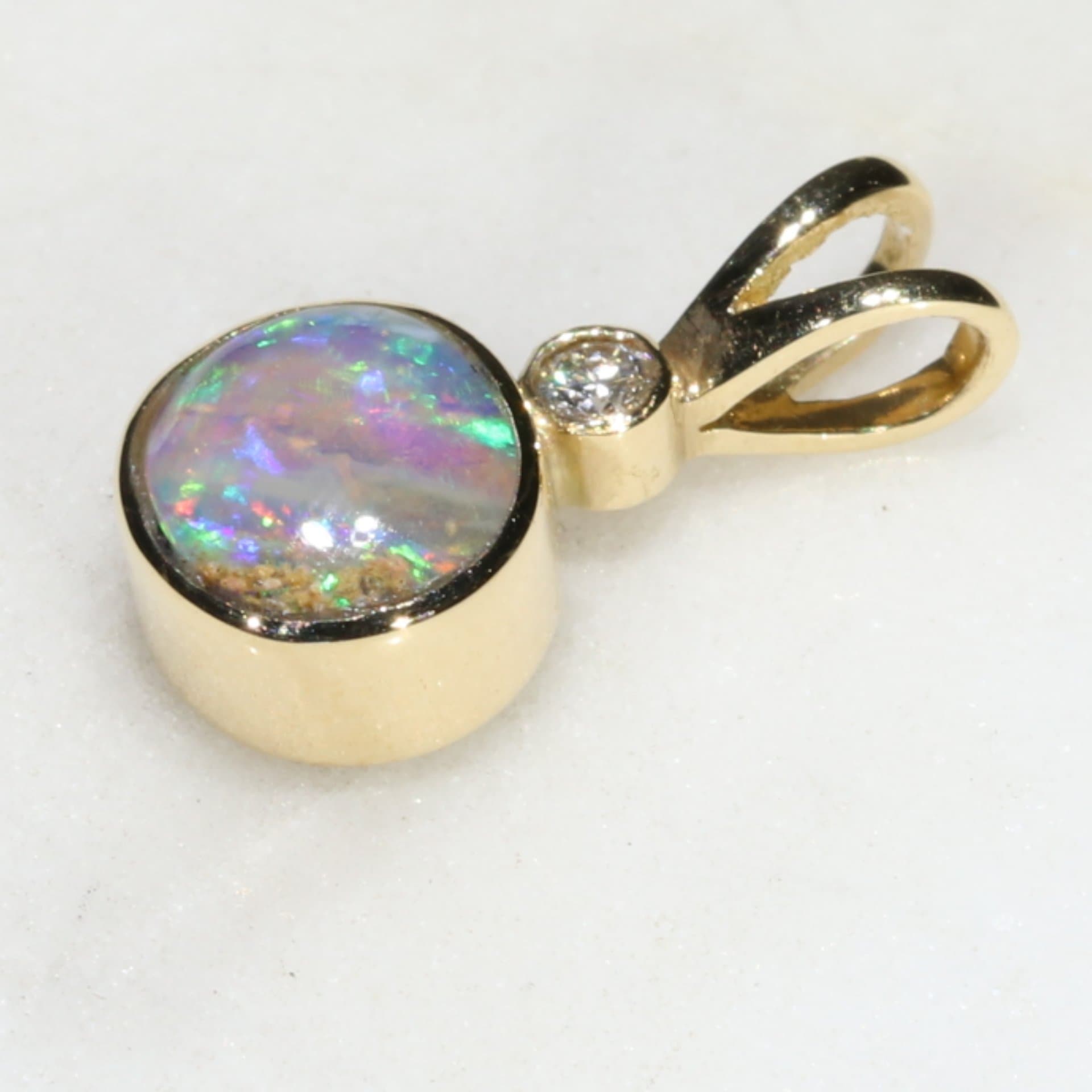 Natural Australian Boulder Opal Gold Pendant and Diamond 18k Gold