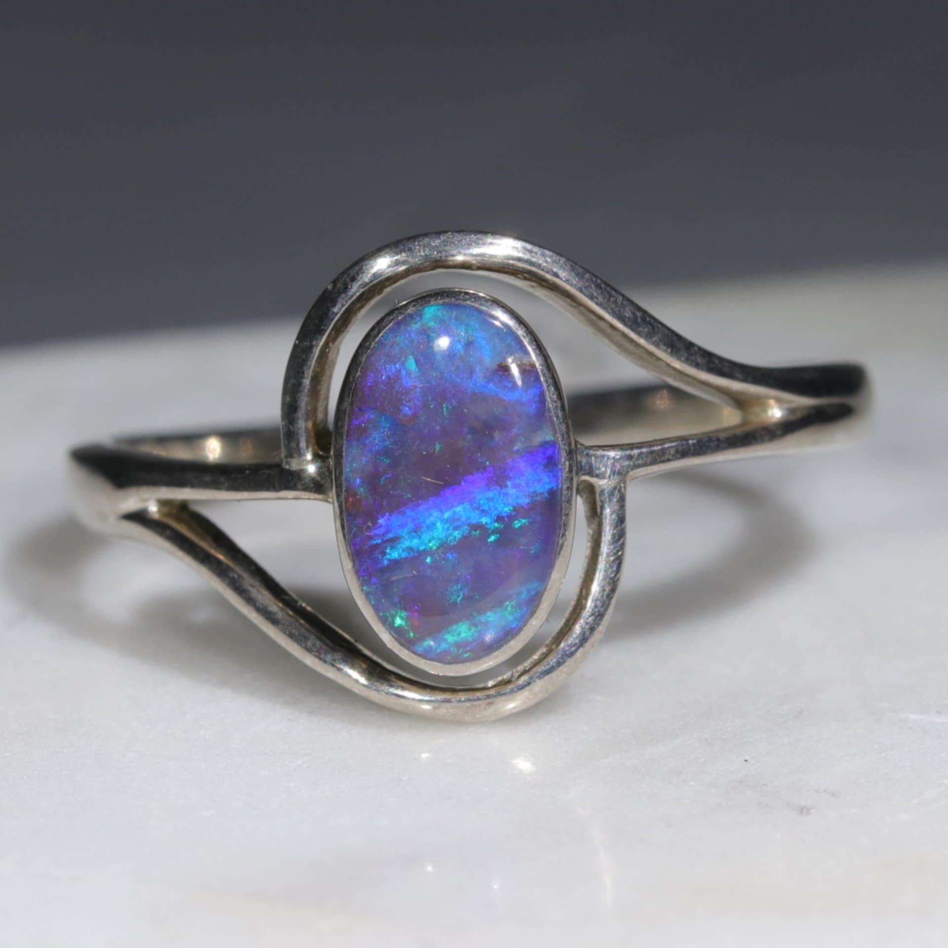 Australian Solid Boulder Opal Silver Ring - Size 9.5