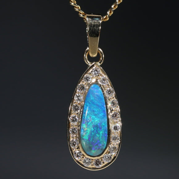 Natural Australian Boulder Opal and Diamond 18k Gold Pendant