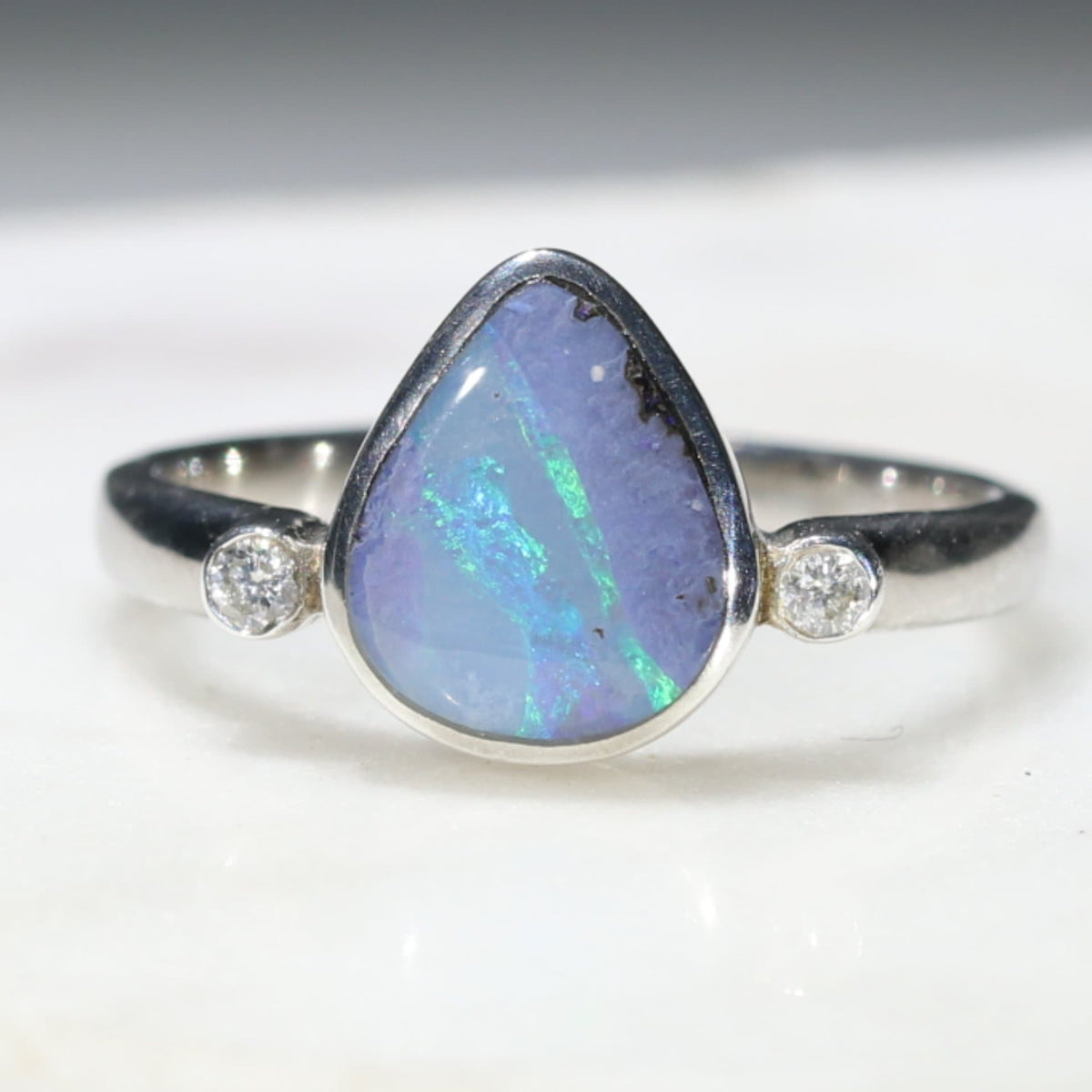 Australian Boulder Silver Pear Shape Opal Ring and Diamond Size 6.5