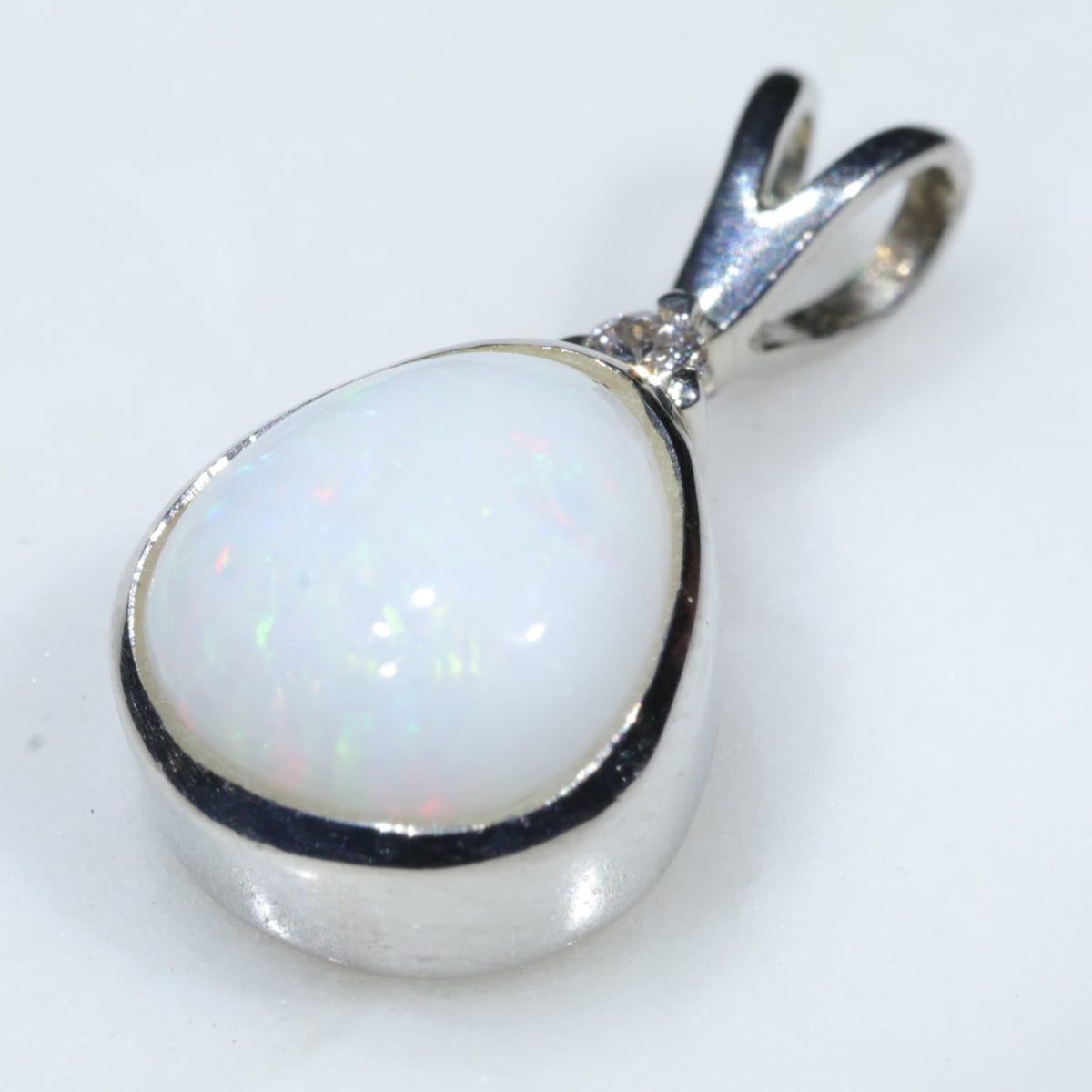 Natural White Opal Pendant and Diamond- Silver