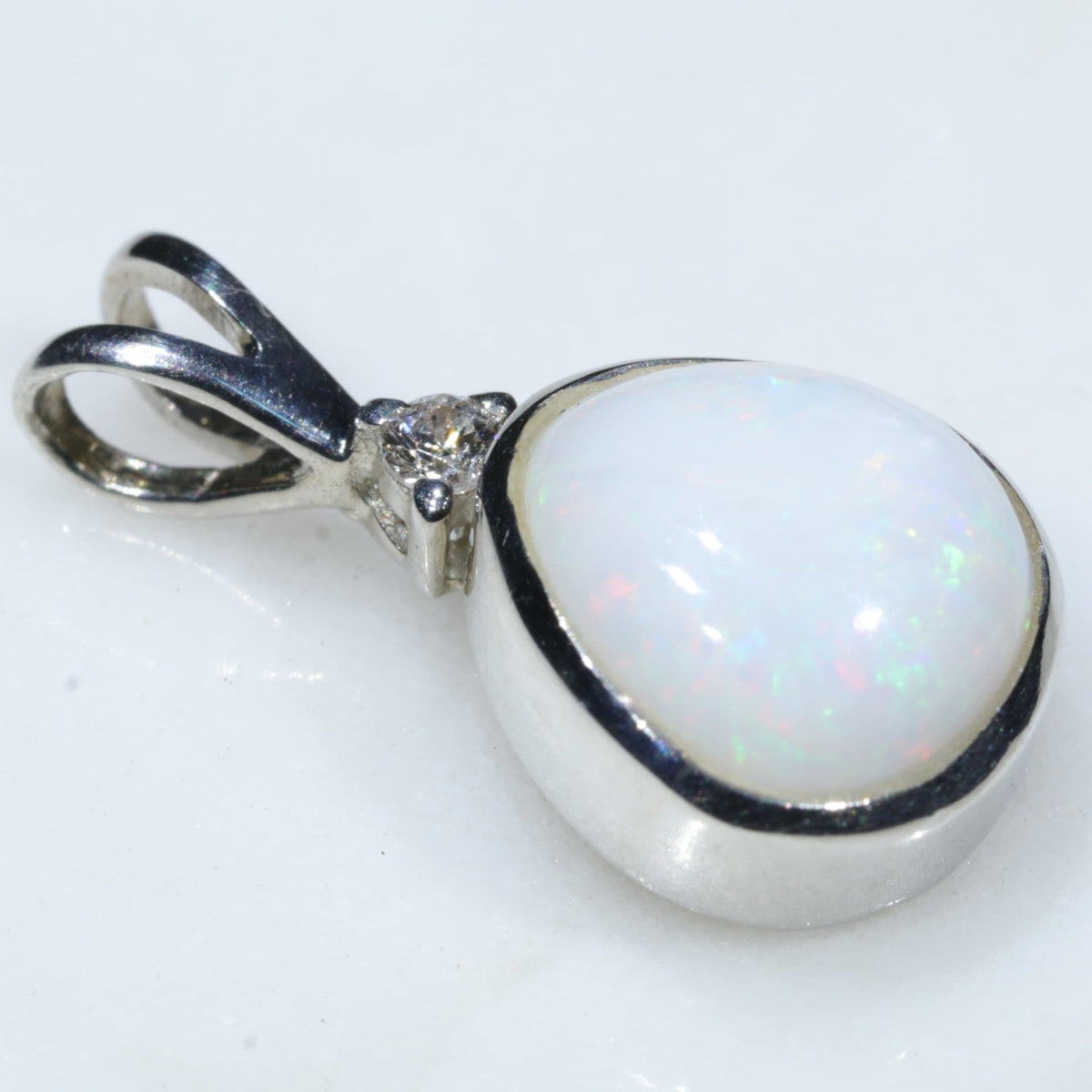 Natural White Opal Pendant and Diamond- Silver
