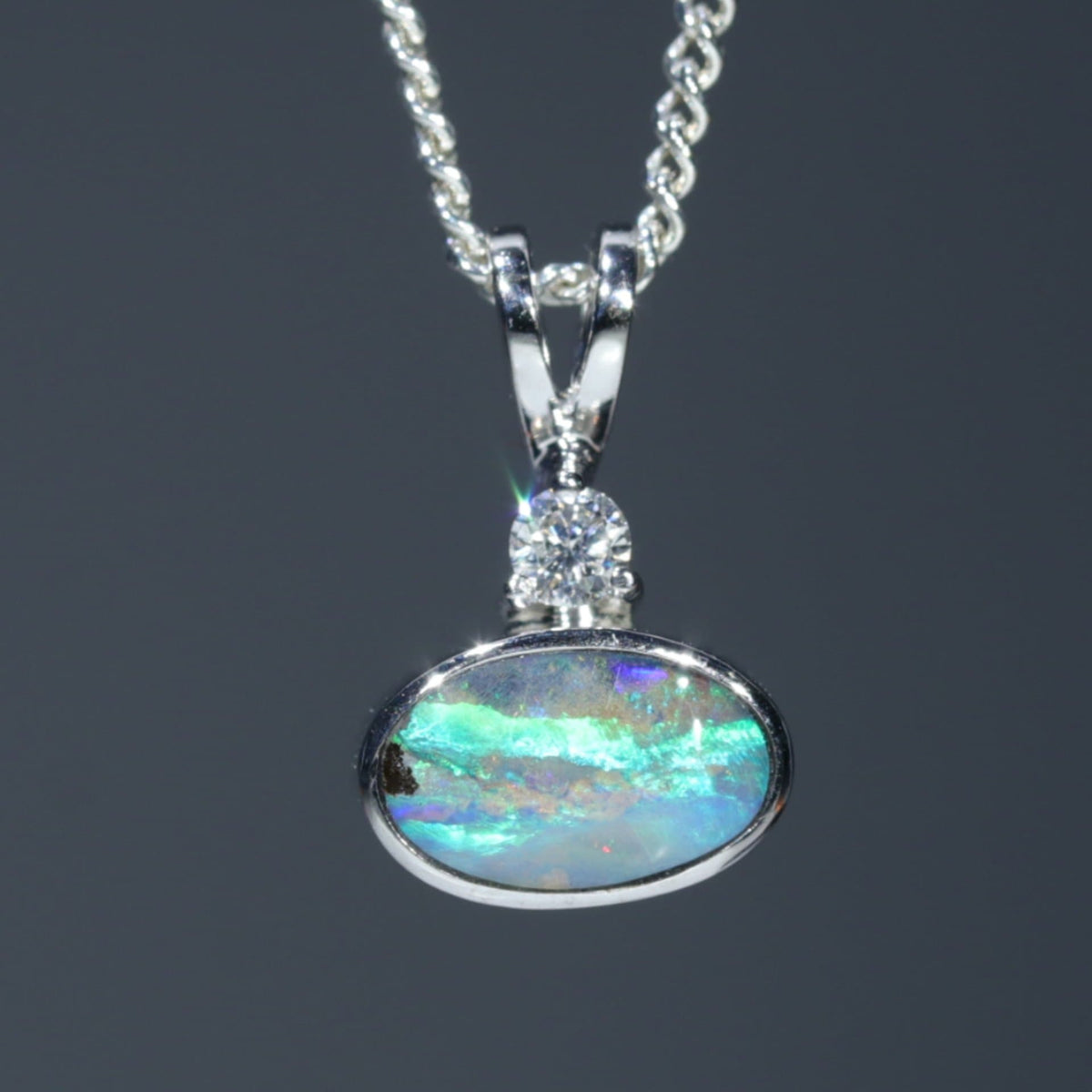 Australian Opal Pendant and Diamond 14k White Gold