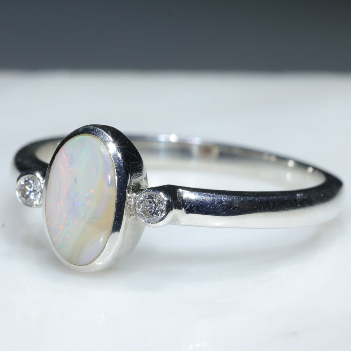 Boulder Opal Silver Ring and Diamonds