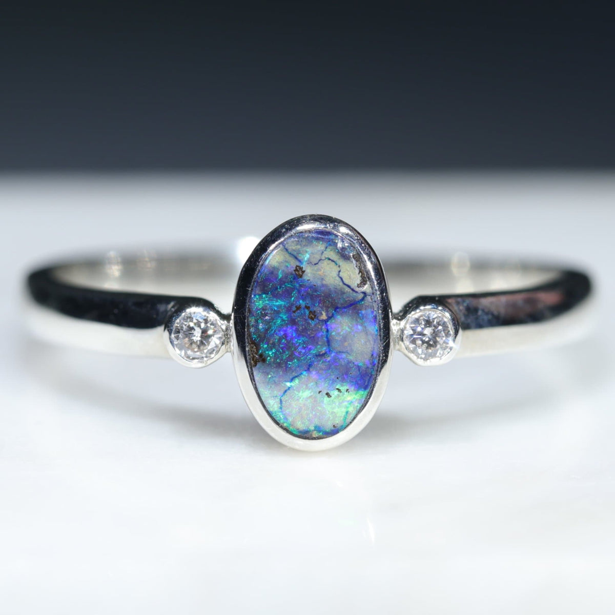 Boulder Opal Silver Ring and Diamonds