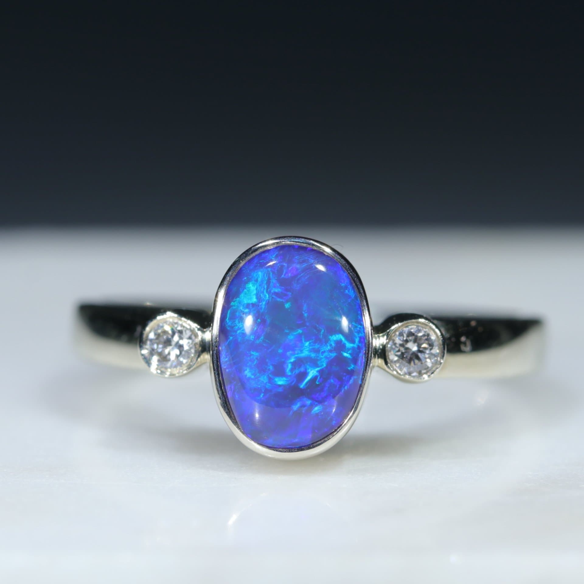 Natural Australian Black Opal Ring-Gold - With Diamonds