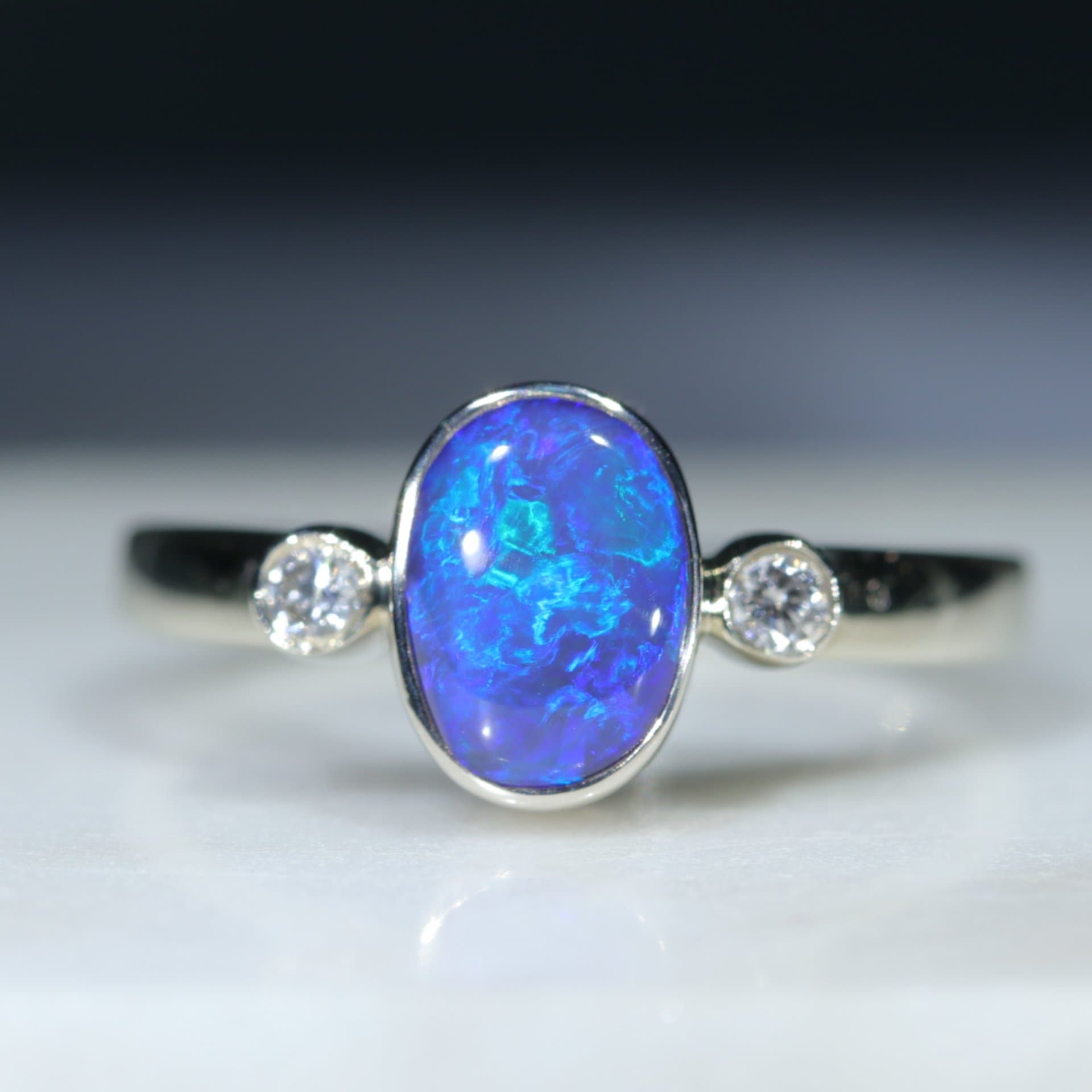 Natural Australian Black Opal Ring-Gold - With Diamonds