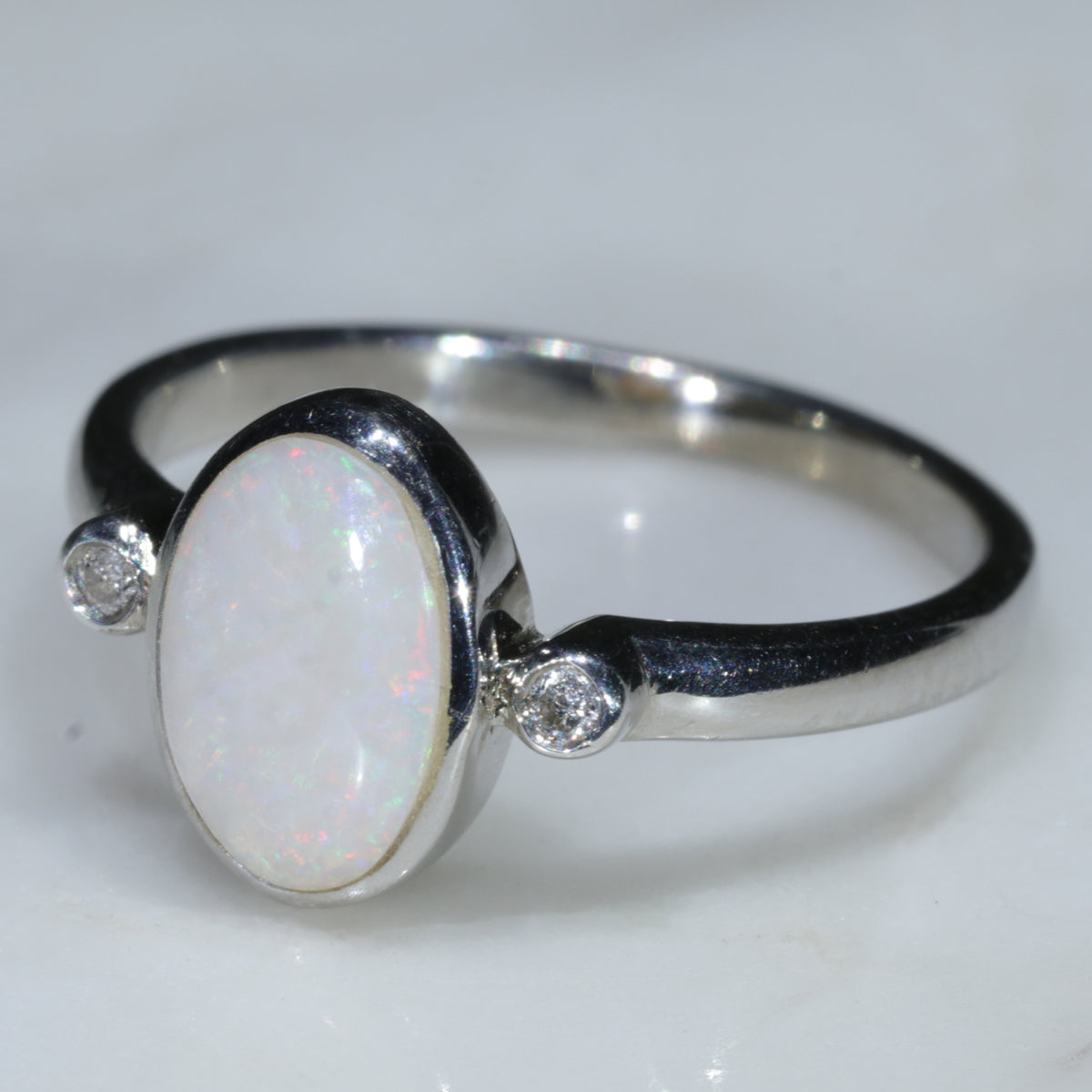 Australian White Opal Silver Ring with Diamonds