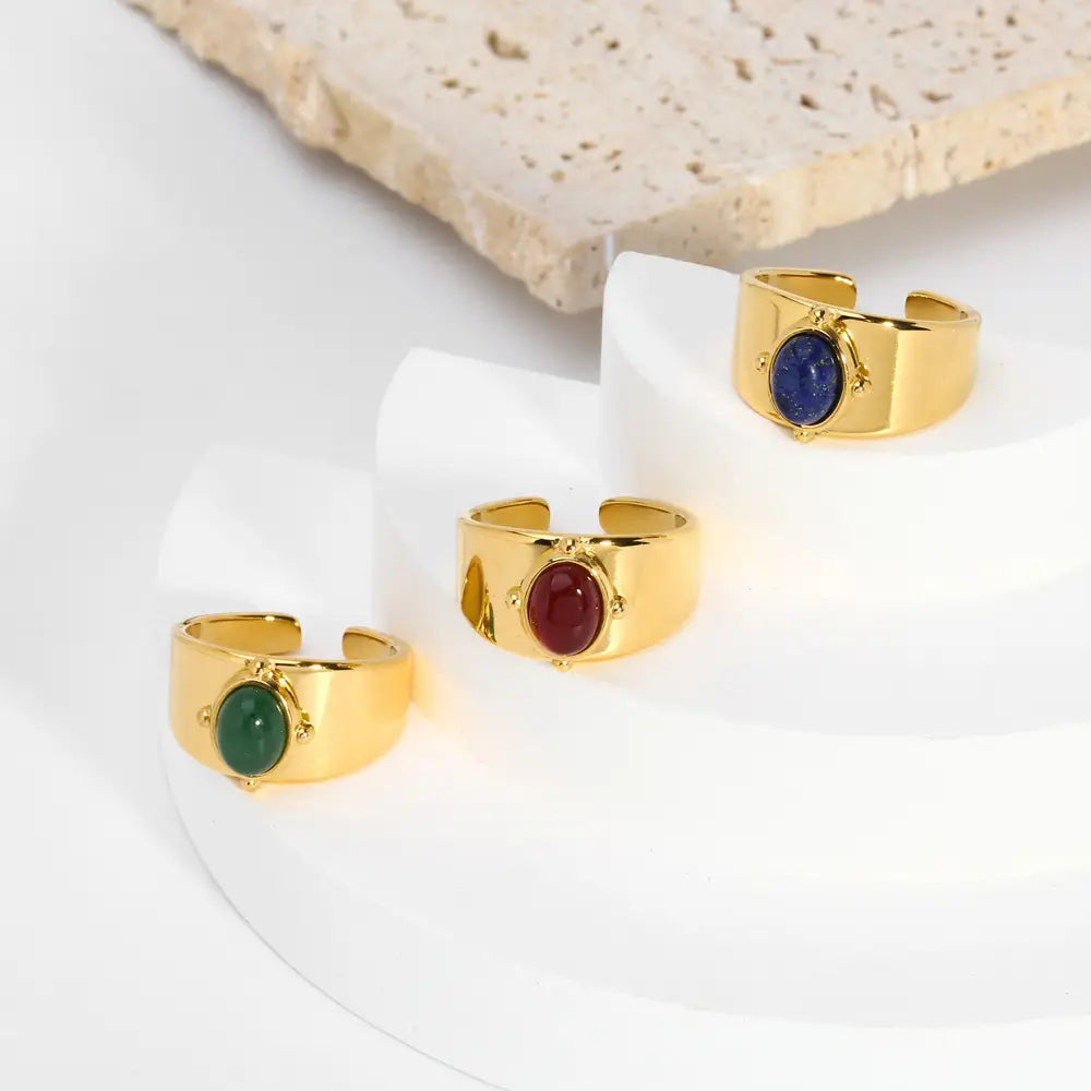 Gold Wide Face Inlaid Oval Natural Stone Ring