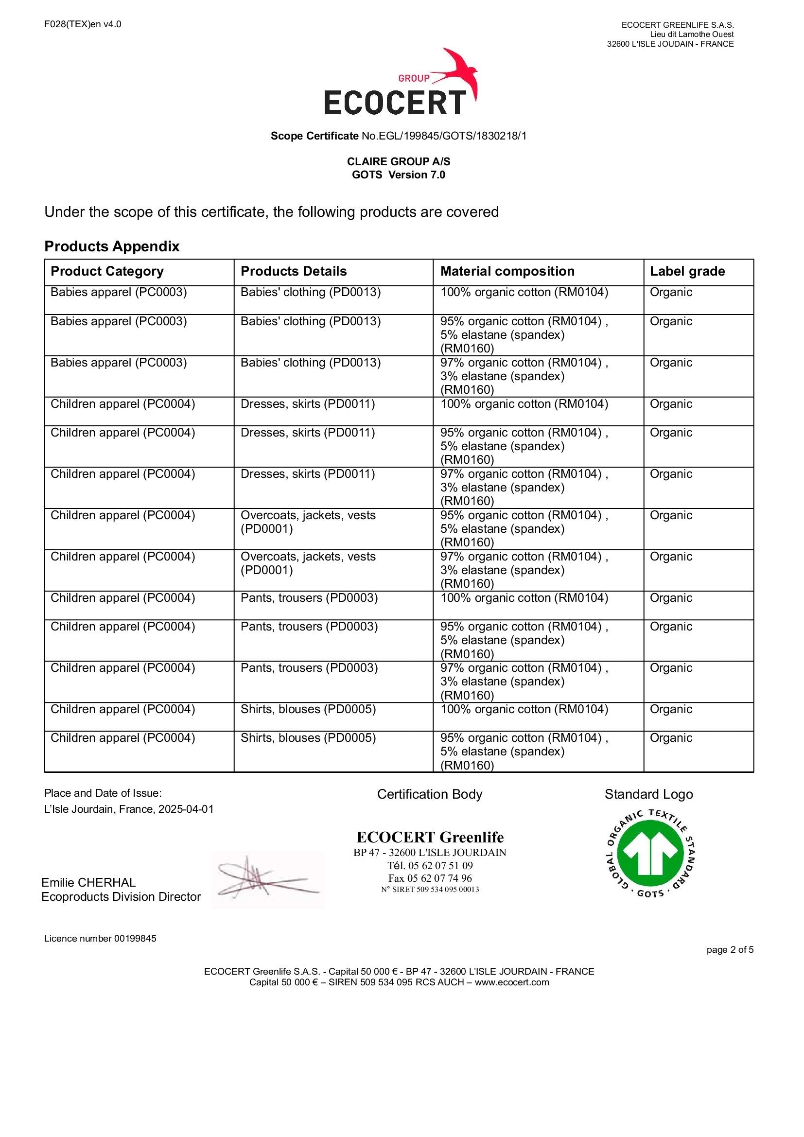 GOTS certificate page 2