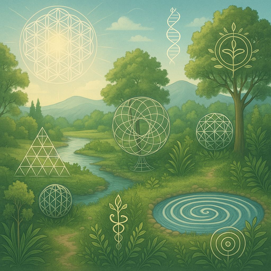 Sacred geometry patterns harmonizing with nature showing BioGeometry solutions and regenerative technologies representing real alternatives to technocratic control