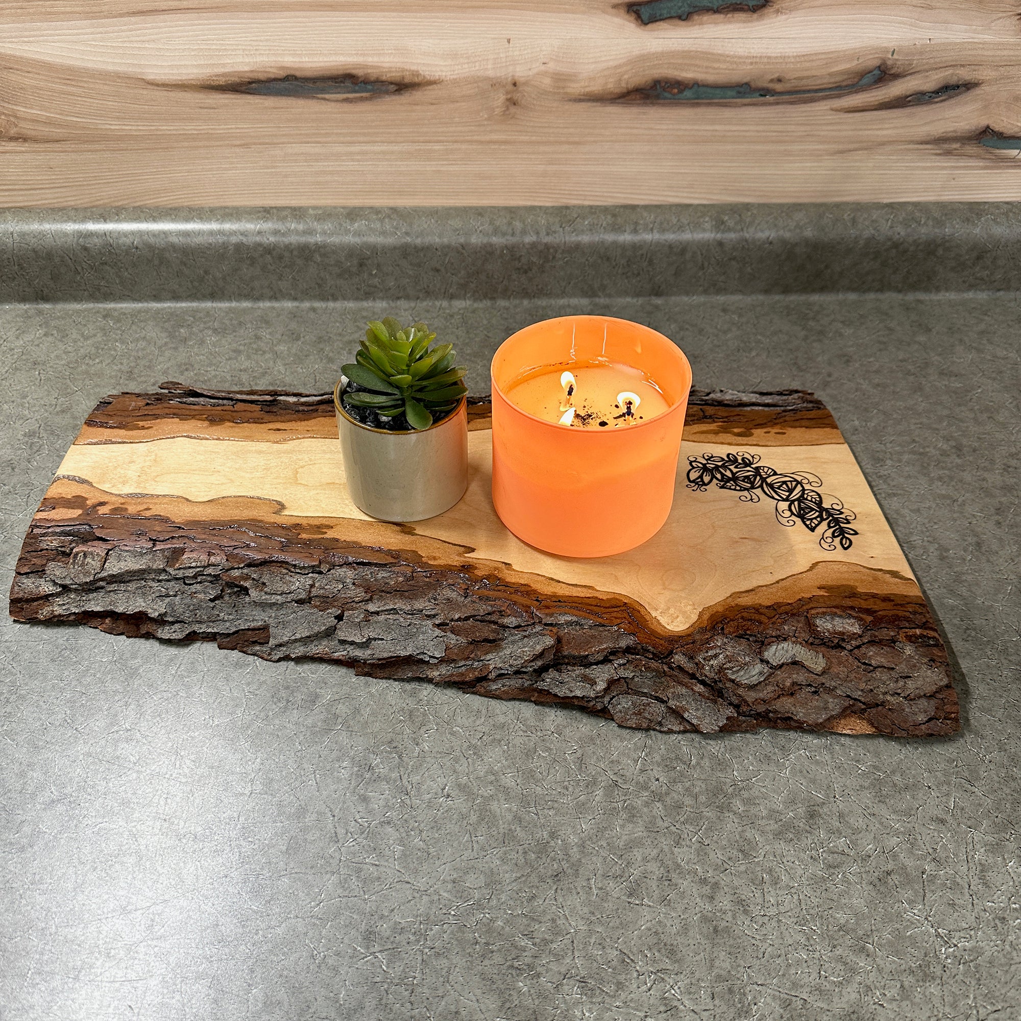Cherry Live Edge Base with Floral Engraving