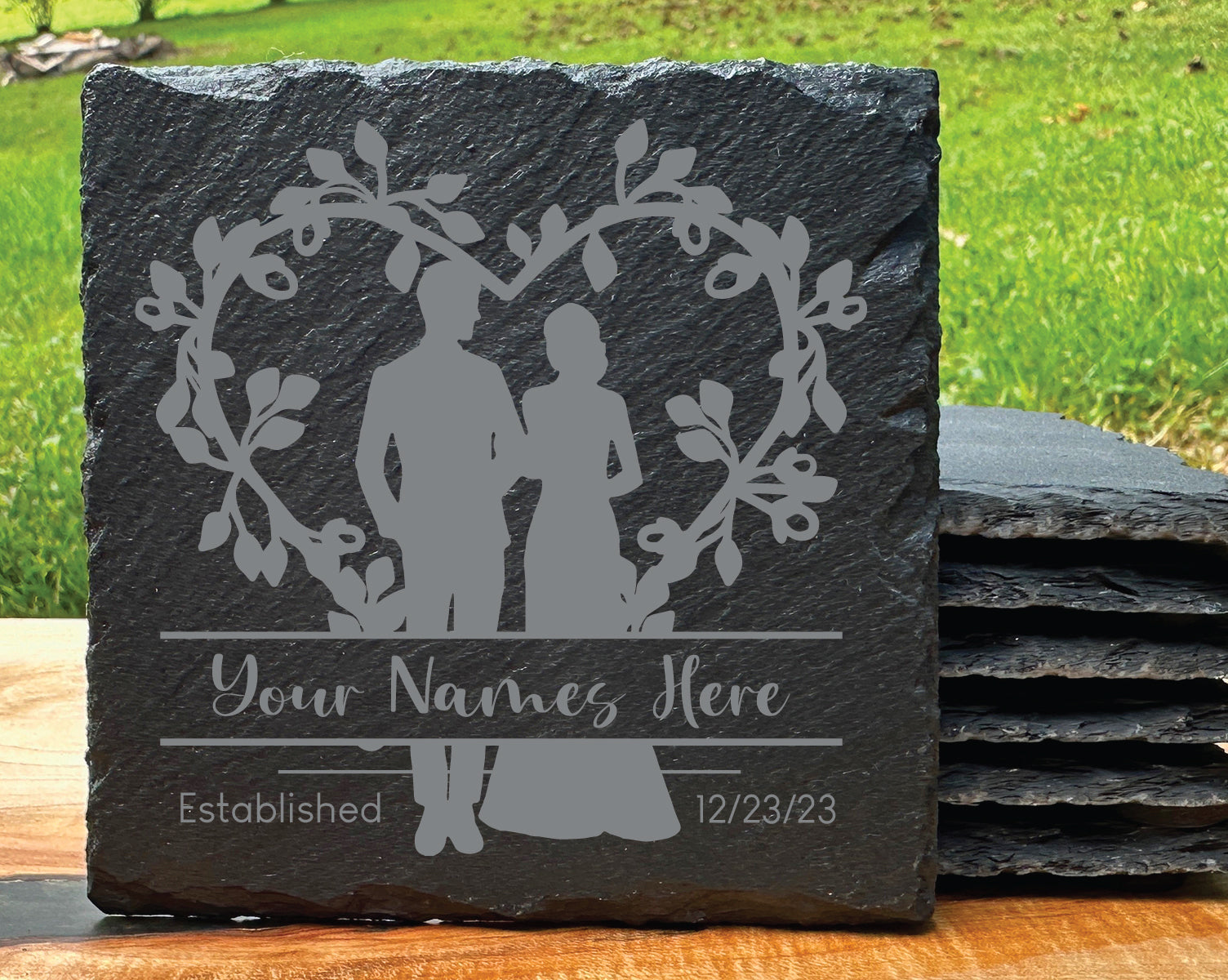 Personalized Bride & Groom Heart Slate Coaster