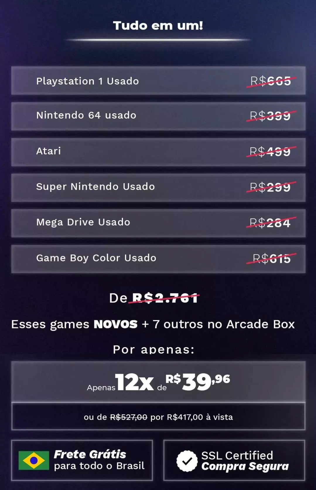 Arcade Box - Game Retrô 33.000 Jogos 4K + 2 Controles e Bolsa de Brind