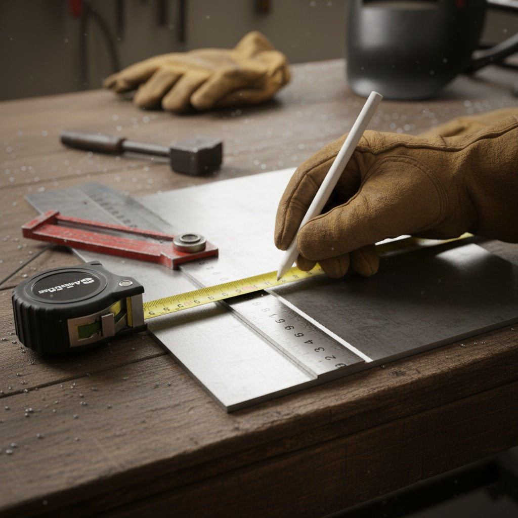 A tape measure, combination square, and soapstone pencil marking a straight, square line on a steel plate for cutting.